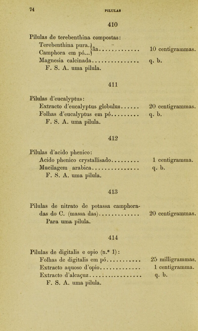 PU.ULA8 410 aa. Pilulas de terebenthina compostas; Terebentliina pura. Camphora em pó... Magnésia calcinada.... F. S. A. uma pilula. 411 Pilulas d’eucalyptus: Extracto d’eucalyptus globulus Folhas d’eucalyptus em pó... F. S. A. uma pilula. 412 Pilulas d’acido phenico: Acido phenico ciystallisado Mucilagera arabica F. S. A. uma pilula. 413 10 centigrammas. q. b. 20 centigrammas. q. b. 1 centigramma. q. b. Pilulas de nitrato de potassa camphora- das do C. (massa das) 20 centigrammas. Para uma pilula. 414 Pilulas de digitalis e opio (n.° 1): Folhas de digitalis em pó 2õ milligrammas. Exti’acto aquoso d’opio 1 centigramma. Extracto d’alcaçuz q. b. F. S. A. uma pilula.