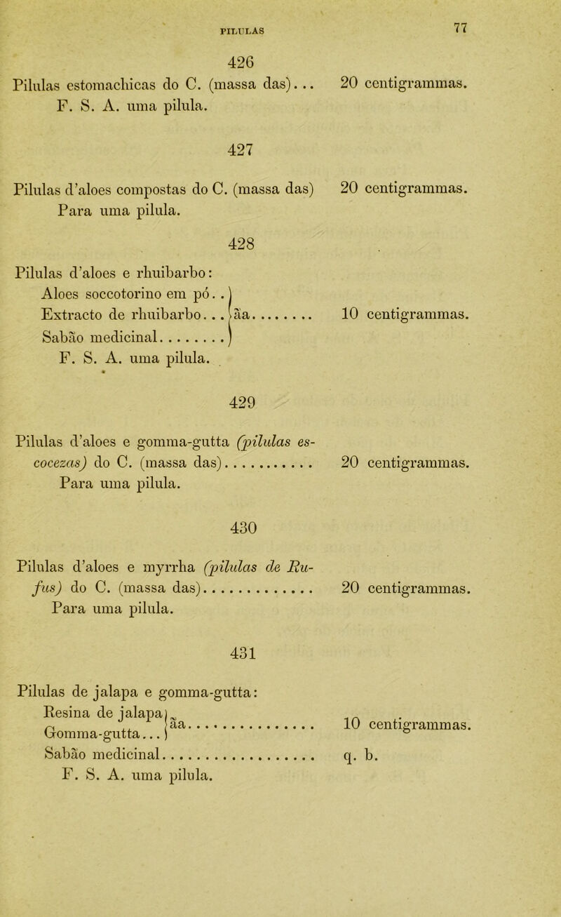 riI.lTLAS 426 Pilulas cstomaclncas do C. (massa das). .. 20 centigrammas. F. S. A. uma pilula. 427 Pilulas d’aloes compostas do C. (massa das) 20 centigrammas. Para uma pilula. 428 10 centigrammas. 429 Pilulas d’aloes e gomma-gutta (pilulas es- cocezas) do C. (massa das) 20 centigrammas. Para uma pilula. Pilulas d’aloes e rhuibarbo; Aloes soccotorino em pó.. j Extracto de rhuibarbo. . .iíía Sabão medicinal ) F. S. A. uma pilula. 430 Pilulas d’aloes e myrrha (pilulas de Ru- fus) do C. (massa das) Para uma pilula. 20 centigrammas. 431 Pilulas de jalapa e gomma-gutta: Resina de jalapa i Gomma-gutta... j F. S. A. uma pilula. 10 centigrammas.