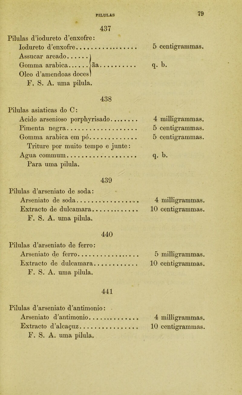 437 Pilulas d’iodiu’eto d’enxofre: lodureto d’enxofre Assucar areado J Gonima arabica >ãa Oleo d'amêndoas doces) F. S. A. uma pilula. 438 Pilulas asiaticas do C: Acido ai'senioso porphyrisado Pimenta negra Gomma arabica em pó Triture por muito tempo e junte; Agua commum Para uma pilula. 439 Pilulas d’arseniato de soda: Arseniato de soda Extracto de dulcamara F. S. A. uma pilula. 440 Pilulas d’arseniato de ferro: Arseniato de ferro Extracto de dulcamara F. S. A. uma pilula. 441 Pilulas d’arseniato d’antimonio: • Arseniato d’antimonio F. S. A. uma pilula. 5 centigrammas. q. b. 4 milligrammas. 5 centigrammas. 5 centigrammas. q. b. 4 milligrammas. 10 centigrammas. 5 milligrammas. 10 centigrammas. 4 milligrammas.