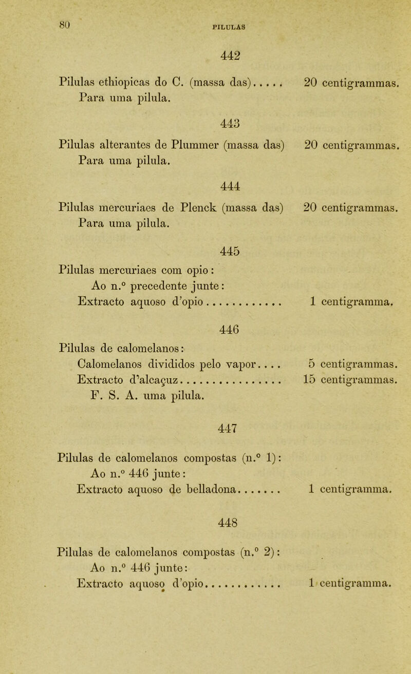 442 Pilulas ethiopicas do C. (massa das) Para uma pilula. 443 Pilulas alterantes de Plummer (massa das) Para uma pilula. 444 Pilulas mercuriaes de Plenck (massa das) Para uma pilula. 445 Pilulas mercuriaes com opio : Ao n.° precedente junte: Extracto aquoso d'opio 446 Pilulas de calomelanos: Calomelanos divididos pelo vapor.. .. Extracto d’alcaçuz F. S. A. uma pilula. 447 Pilulas de calomelanos compostas (n.° 1): Ao n.° 446 junte: Extracto aquoso de belladona 448 Pilulas de calomelanos compostas (n.° 2): Ao n.° 446 junte: 20 centigrammas. 20 centigrammas. 20 centigrammas. 1 centigramma. 5 centigrammas. O 15 centigrammas. 1 centigramma.