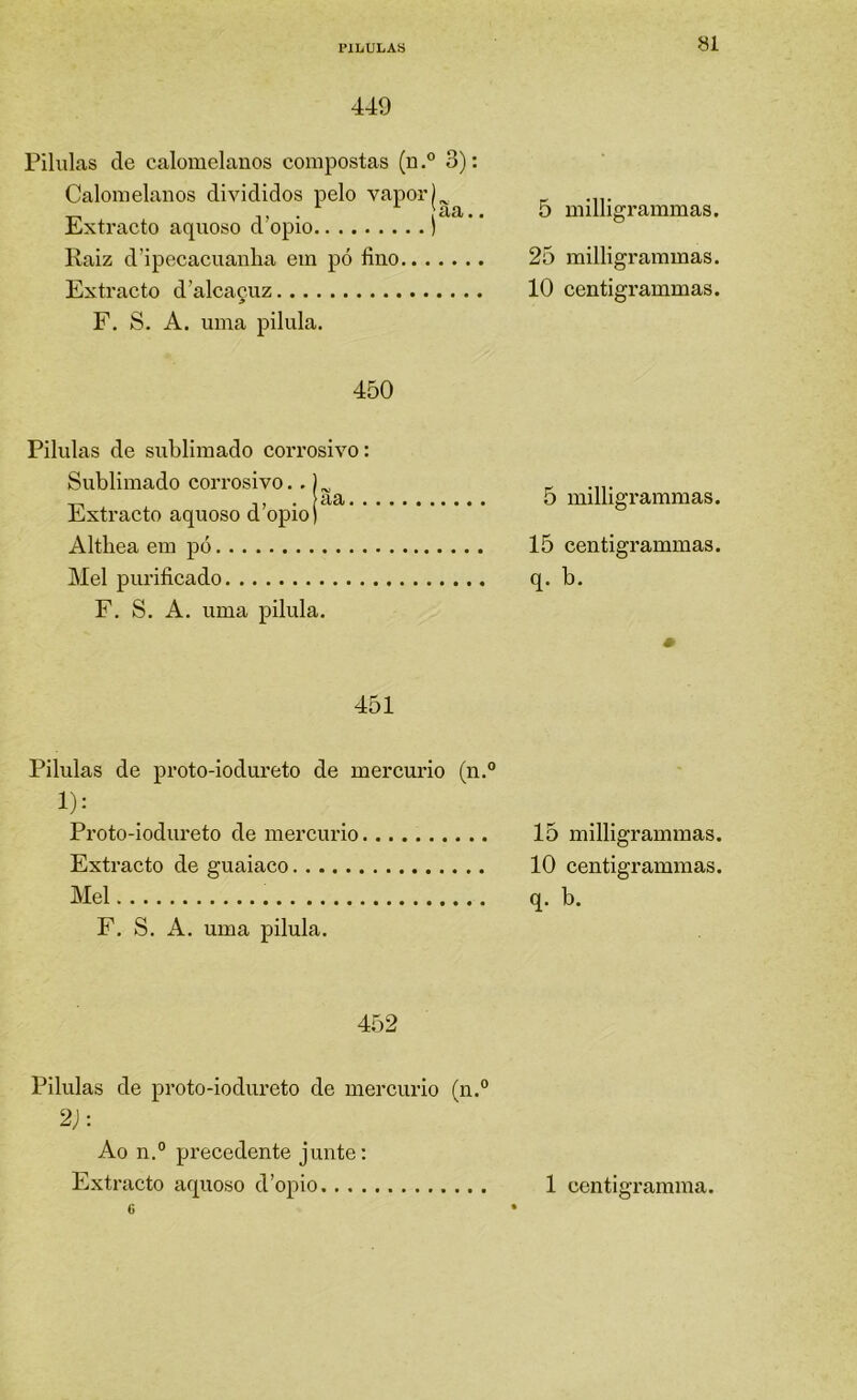 449 Pílulas de calomelanos compostas (u3): Calomelanos divididos pelo vapor L Pxtracto aquoso d opio ) 5 milligrammas. Raiz d’ipecacuanha em pó fino Extracto d’alcaçuz F. S. A. uma pilula. 450 25 milligrammas. 10 centigrammas. Pilulas de sublimado corrosivo: Sublimado corrosivo.. Extracto aquoso d opio) 5 milligrammas. Altbea em pó Mel purifieado F. S. A. uma pilula. 15 centigrammas. q. b. 451 0 Pilulas de proto-iodureto de mercúrio (n.® 1): Proto-iodiu*eto de mercúrio Extracto de guaiaco Mel F. S. A. uma pilula. 15 milligrammas. 10 centigrammas. q. b. 452 Pilulas de proto-iodureto de mei'Curio (n.® 2j: Ao n.° precedente junte: