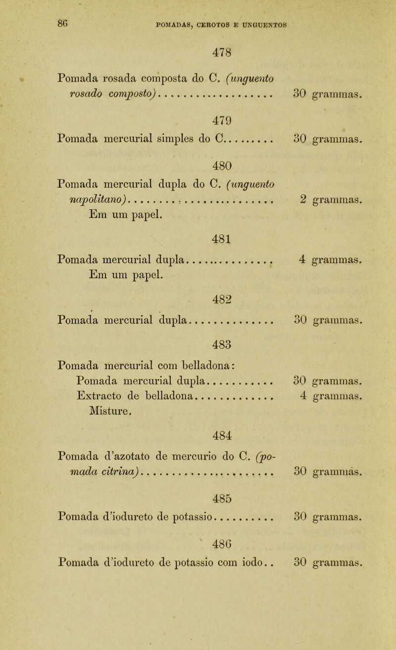 8G 478 Pomada rosada composta do C. (unguento rosado comjgosto) 30 479 Pomada mercurial simples do C 30 480 Pomada mercurial dupla do C. (unguento napolitano) Em um papel. 481 Pomada mercurial dupla 4 Em um papel, 482 Pomada mereurial dupla 30 483 Pomada mercurial com belladona: Pomada mercurial dupla 30 Extracto de belladona 4 Misture. 484 Pomada d’azotato de mercúrio do C. (po- mada citrina) 30 485 Pomada d’iodureto de potássio 30 48G gi’ammas, grammas. grammas. grammas. grammas. grammas, grammas. grammás. grammas.