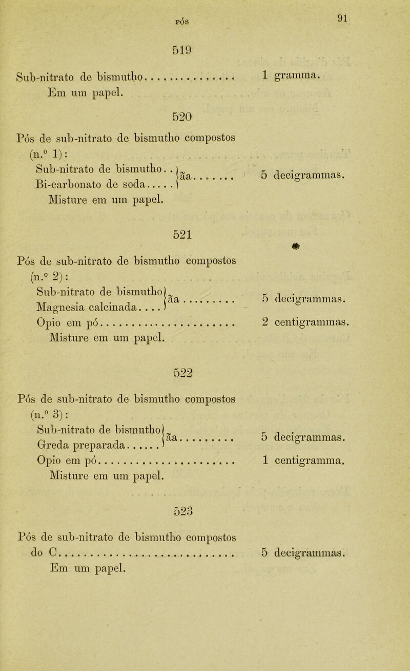 519 Sub-nitx'ato dc bismutlio Em um papel. 520 Pós de sub-nitrato de bismutlio compostos (n.M); Sub-iiitrato de bismutbo. . u Bi-carbonato de soda ( Misture em um papel. 521 Pós de sub-nitrato de bismutbo compostos (n.° 2): , , Sub-nitrato de bismutbo L Magnésia calcinada. . ..) Opio em pó Misture em um papel. 522 Pós de sub-nitrato de bismutbo compostos (11;° 3): Sub-nitrato de bismutboL Greda preparada ' Opio em pó Misture em um papel. 523 Pós de sub-nitrato de bismutbo compostos Em um papel. 1 gramma. 5 decigrammas. 5 decigrammas. 2 centigrammas. 5 decigrammas. 1 centigramma.