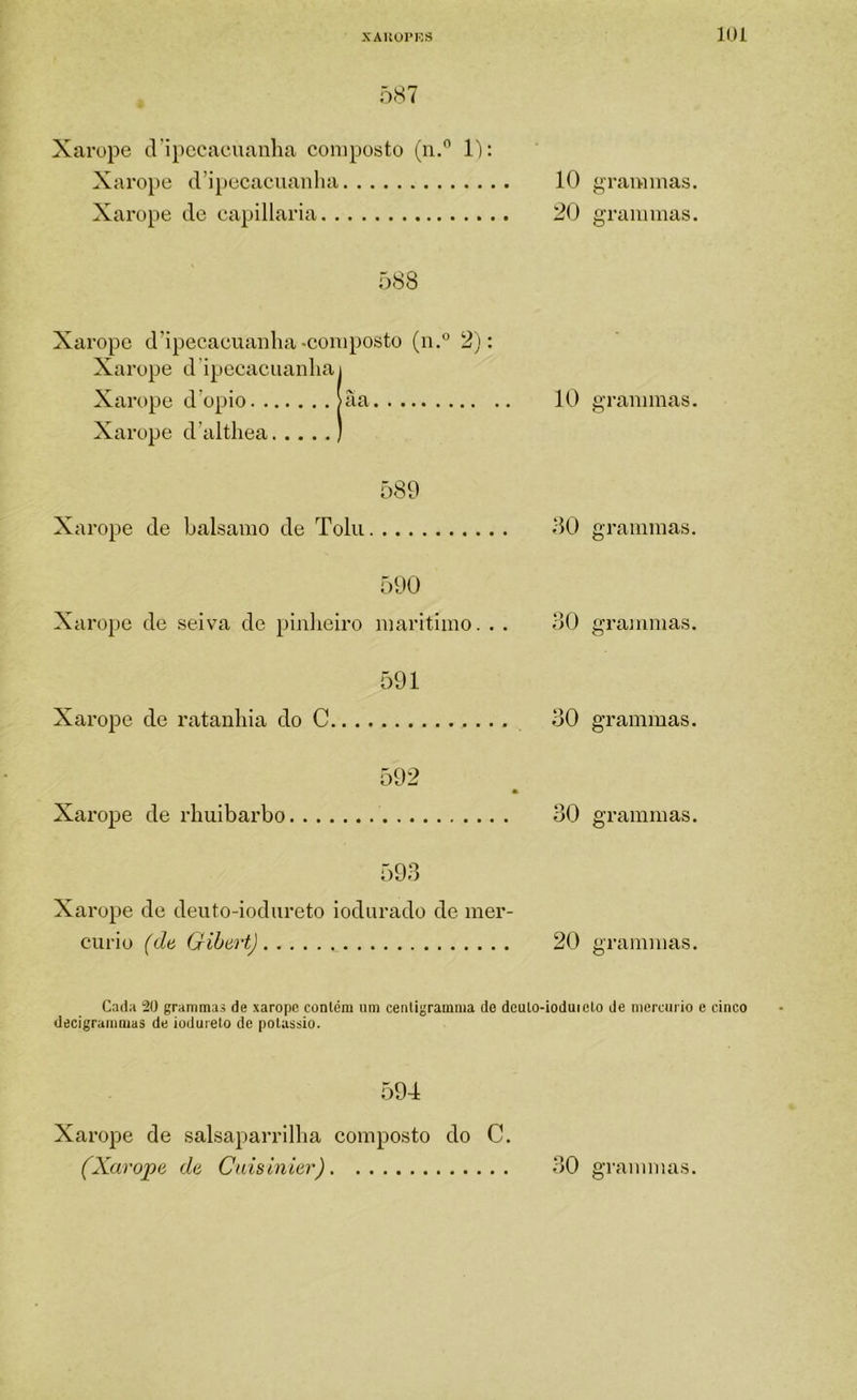 587 Xarope cVipccacuanha composto (ii.” ll: Xarope d’ipecacuanlia Xarope de capillaria 588 10 grammas. 20 grammas. Xarope d’ipecaeuanlia-composto (u.° 2): Xarope d ipecacuanha i Xarope dopio >ãa Xarope d’althea ) 10 grammas. 589 Xarope de balsarao de Tolu 50 grammas. 590 Xarope de seiva de pinlieiro maritimo. . . 50 grammas. 591 Xarope de ratanliia do C 50 grammas. 592 Xarope de rhuibarbo 30 grammas. 593 Xarope de deuto-iodiireto iodurado de mer- cúrio (dn (J-ihert) 20 grammas. Cada 20 grammas de xarope contém um cenligramma de deulo-iodutelo de nierciirio e cinco decigrainnias de iodujeto de potássio. 594 Xarope de salsaparrilha composto do C.