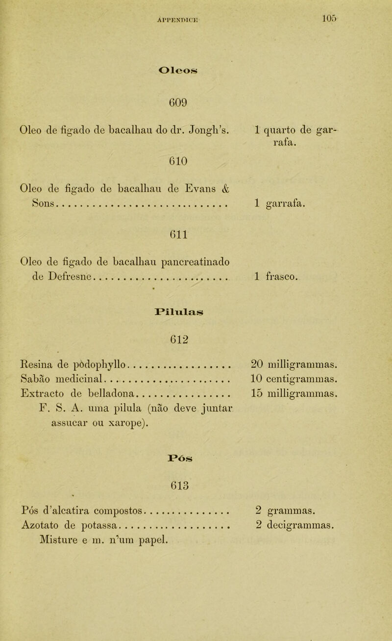 Oleos 609 Oleo cie figaclo de bacalhau do dr. Jongh’s. 610 Oleo de figado de bacalhau de Evans & Sons 611 Oleo de figado de bacalhau pancreatinado de Defresne Pilulas 612 Resina de pòdophyllo Sabão medicinal Extracto de belladona F. S. A. uma pilula (não deve juntar assucar ou xarope). I*ós 613 Pós d’alcatira compostos Azotato de potassa Misture e m. n’um papel. 1 quarto de gar- rafa. 1 garrafa. 1 frasco. 20 milligrammas. 10 centigrammas. lõ milligrammas. 2 gr animas. 2 decigrammas.