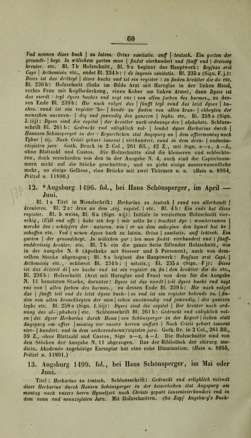 Vnd nennen dises buch | zu latem. Orlus sanilalis. auff [• teulsch. Ein garten der gesundt- j heyt. In wölichem garten man | findet vierhundert vnd fünff vnd | dreissig kreuter. etc. Bl. 7b Holzschnitt, Bl. 8a beginnt das Hauptwerk: Bcyfusz erst Capi I Arthcmisia etc., endet BI. 234 b: | de ingenio sanitatis. BI. 235 a (Sign. F.j.): Dises ist das drilleyl | dises buchs vnd ist ein regisler 1 zu finden kreüUer die do etc. BI. 236 b: Hulzsclinitt (links im Bilde Arzt mit Harnglas in der linken Hand, rechts Frau mit Kopfbedeckung, einen Kober am linken Arme), dann Dyscs ist das vierdt I leyl dyses huchcs vnd sagt vns | von allen färben des harmes., zu des- sen Ende Bl. 239 b: Hie nach volgel das \ fimffl leyl vnnd das leist dyses \ bu- ches. vnnd ist ein regisler be- | hende zu finden von allen kran- | ckheylen der menschen ausztven- 1 dig vnd jnwendig des ganczen \ leybs. etc. Bi. 258 a (Sign. J. iiij): Dyses sind die capilel | der kreuller nach ordnunge des | alphabets. Scbluss- schrift BI. 261 b: Gedruckt vnd sdligklich vol- | lendet dyscr Herbarius durch | Hannsen Schönsperger in der i Kcysrrlichcn stat Augspurg an | dem afflermontag nach Tybur | cij. Nach Cristi geburl lausent | vierhundert, vnnd in dem dreü- | vndnenn- czigisten jure. Golh. Druck in 2 Cul , 261 Bll., 42 Z., mit Sign, a—z, A—J., ohne Blallzalil und Cuslos. Die Holzschnitte sind die kleineren und sclilechte- ren, doch verschieden von den in der Ausgabe N. 4, auch sind die Capilelnum- mern nicht auf die Stöcke geschnitten, und es giebt einige ausserwesentliche mehr, so einige Gefässe, eine Brücke mit zwei Thürmen u. a. {Hain n. 8954, Prilzel n. 11890.) 12. * Augsburg 1496. fol., bei Hans Schönsperger, im April — Juni. Bl. la Titel in Missalschrift: Herbarius zu teulsch | vnnd von allerhandt | kreuleren. Bl. 2a: Aron an dem .xvj. capilel. | etc. Bl. 4b: Ein ende hat dises register. Bl. 5 weiss. Bl. 6 a (Sign, aij): Initiale in verziertem Holzschnitt vier- eckig, (U)Jl vnd offt 1 habe ich bey | mir sclbs be | trachtet dye \ wundersamen | wercke des | Schöpfers der naturen. wie | er an dem anbeginn den hymel hat be j schaffen etc. Vnd | neuen dyses buch zu latein. Ortus | sanilalis. auff leülsch. Ein garten | der gesundlheyt. in wölichen gar | len man findet vierhundert vnd | fi'tnff- vnddreissig kreüler. etc. Bl. 7 b ein die ganze Seite füllender Holzschnitt, wie in der Ausgabe N. 6 (Apotheke mit Stosser und 5 Personen), auch von dem- selben Stocke abgezogen; Bl. 8a beginnt das Hauptwerk: Beyfusz erst Capi. \ Arthemisia etc., schliesst Bl. 234b: j nitatis.] Bl. 235a (Sign. Fj): Dises ist daz drilleil di | scs buchs vnd ist ein regisler zu fin | den kreülter die do etc., BI. 236 b: Holzschnitt (Arzt mit Harnglas und Frau) von dem für die Ausgabe N. 11 benutzten Stocke, darunter: Dyses ist das vierdt] teil dyses buchs vnd sagt vns von | allen färben des harmes., zu dessen Ende Bl. 239 b: Hie nach volgct das I fünfft teil vnd dz letsl dyses buch- ) es vnd ist ein register behende zu. | fin- den von allen kranckheylen der men | sehen auszwendig vnd jnwendig. ( des ganlzen leybs etc. BI. 258a (Sign. J.iiij): Dyses sind die capilel | Der kreüler nach ord- tmng des al- \phabcls \ etc. Schlussschrift B1. 261b: Gedruckt vnd sdligklich vol- en I del dyscr Herbarius durch Hann | sen Schönsperger in der Keyser | liehen statt Augspurg um affter | monlag vor vnsers herren auffart | Nach Cristi gebürt lausent vier- I hundert, vnd in dein sechszvndneun\lzigisten jure. Goth. Dr. in 2 Col., 261 Bll., 39 Z., ohne Blattzahl und Gustos, Sign a—z, A-J. Die Holzschnitte sind von den Stöcken der Ausgabe N. 11 abgezogen. Das der Bibliothek der Chirurg, me- dicin. Akademie zugehörige Exemplar hat eine rohe Illumination. {Hain n. 8955, Prilzel n. 11891.) 13. Augsburg 1499. fol., bei Hans Schönsperger, im Mai oder Juni. Titel : Herbarius zu teutsch. Schlussschrift: Gedruckt vnd seligklich volendt diser Herbarius durch Hansen Schönsperger in der keiserlichen slal Augspurg am monlag nach vnsers herrn Hymelfarl nach Christi gepurl tausenlvierhunderl vnd in dem neun vnd neunziyislcn Jure. Mit Holzschnitten. (So Zapf Augsburg's Buch-