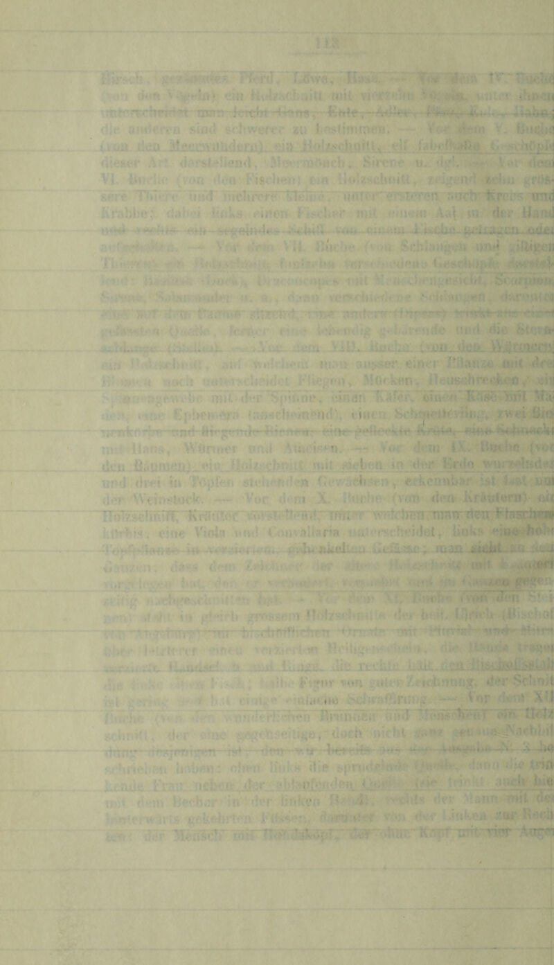 lUw.*: T^^Jv?-T.1!Pkvö, iä lrr 4wti d*m ^ ei» Hirlfscfcnitt mit vi>r?d4U wn.’v ihn*:» -vfT^r^^Trhndyt ijan'.i icnin (ilti 0!id€ircn slfUi seiiwerer zu i.ft?finir»en. — 4®tn V. -iiüii. ilßü - Mam:3a^Udi»iiiL_ei» lioiA^choiU^ df dieser Art tlArslf*nend', Mcsermöach,. Sü'cne u. <4''!. •rst' doöj VI. (vor (1c‘R* Fischen) ein l-io!z«chtjiU, ^röfii ^serß TT»Tc>h; TiixT'TneTircrti felfilneT «(Tre)''*^TCTen rnjctrund Krabbe: dabei lioU einen Fieber rmL «nneHi Aa| m der Hajid »>>»4444i->'»<tJ4--4uj;uai.^ cuiei .Ä'djw^^a^/X nv <W» VU. Jb'icbe-Sebian^’-n unij g*lti»ei] Jlkisö' ycr^t ljicdenu Jn *»* liiar<KKf>tw^ i nt Ißemibcii^^ejjicbf^ S^5VJ\v !NaiiM»Äiid>*j n. d,.nü ifceM'iiitsdf jji? SdiUn^en, <jjw>nu'j ••■ <1'. R? r ?tU^d,yrmr ijTmtrnr^Jipfw «Mg } v.'a'w»ti'r« 0 -u'idn^..>K‘:n^ lehrmUg g^-bumirfe iiiifi die Siet ft« -utm ■ jty^CittüajJ 04*1 Ibd/K4*hin«» aui widrbem »la» Buj^cr einer IblaIIzi& Äik 4f«) ;< w«ch e£»J»M\scUeidet FliepfPo> Mhcken . ileuachrecken/ »di| f , .i)Cf»a^V.wniu- (K^f^pliol', eunanlTkf€»\ eiiie?rKdie^:®l TO 4ifi^ *-t»e fSfibew^a fufHcIieinpnd)» tiiieu Si^hfjHdli^'Wic'r, rvFei Biii . - —^ ^ » ». _ 3 Xj m. _-g, J-wK- ^ t I ,^~% aL- i -^a. JX vlf ÄX Jf% » a • 4a J »Fs y t fl t M £ TrT^TivTi^Tr^ V?IIi ffP “T*r nr-M^ IM\K3 p F MIT R?“ JTi r\i““4 »Hf Würmer und AtwcipeTi* Vor <l«nn t.T. Ri^ichc (»oe iku -Ihummn) fdit; f|»Iz£:cbmtt 'n tdeben in de» !kdo wiir?^K(t»i und drei in Td|3fen «teheftd..*n GewäChy erKeßn^ar iät der AVeinetock'. Vor d* ni X-Uuclie (von deiv Kradteni) «ih lTo{rie\'mK‘Kf^\TlQC^ Tunn-Tteu. FtaacM kinbis. eine Viola mni rouvaHana urde»?5theidet, links ei»ö^:h^ .qVu.fydlflfHH» t4» -v«h^4ori4tn».-.4jt^u*iü^ui>..u HeS.;Ac.maa|;jj^rthL;40^1 ii:tii7»'n, dJt«* dem iKtbiifi«p eJi» ff. *‘.dV4:br-iU-md^ vi»r^^jdcgj.n dm ' ” *4^‘.if^'K'f f ÄKifig nJchj^cünilt*^^ XC Wi^^ ifeii Sbtf ßer»‘. t in gt*‘'>U ^^mssem nelrsd'i.,; << der hwG lijrieh jUischoi ' !i» 'b: ^rtiftffbctirTt rtmsefe: ~ntit ^ht«* 1‘lrd rt f erneu veixiert m HeiliSfvrv^iei > , r,te. . Äpui-;:*i^-Ji*awlÄeL .ü. f^^r.iii. Fiiti^- iUö JX'.ehlü- blit>.d <lie i I c >b^Ä b * A)hr Fisrnv eulep/♦♦dbntm^r der Schnit f?t »■'b\iaciie S^UT9tBrin>f^ denv Xf| ~ jßiTrhcTltvrt 'V nndeki?^eo^FwRnxii“ auiJ U4l| «cbnrttv d*T wi»e ^cfeseld^ordoch rbrng^-^^^yirmteen •h&-r Timt--y.tr RCbrtebfm bat>en * oherl Ufils» die ’d» dann die iruk aüeirjii0 bende Frai: nebcff der : ahfanfnndea - . tr i d«im llechcr in der linken jfUMii- v«^tts der Mann-mit d«> b’ntet'iväii» jgfkehrten Fdsv'ri, d>rtj-«er v^>;i der ' ifikeft zor Recif tv4; 'diTf llinlcir mU ^j^trywt~kjxf^
