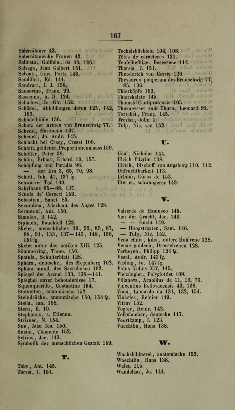 Salernitaner 43. ■ Salernitanische Frauen 43. -i I . ! Saliceto,’Guilielrn. de 43,’ 120.' Salvage, Jean Galbert 151. \ Salviaii, Gius. Porta 143. . i Sandifort, Ed. 144. Sandrart, J. J. 158. 'Sansovino, Franc. 99. Sassenus, A. D. 124. -) > • Schadow, Jo. Gfr. 152. v ' . . i Schädel, Abbildungen davon 125, 142, 153. .< i . . Schädelhöble 136. • i ■ : Schatz der Armen von Brunschwig 77.N Schedel, Hartmann 137. ' X Schenck, Jo. Andr. 145. Schlacht bei Crecy, Cressi 100. Schnitt, goldener, Proportionenmaass 159. Schöffer, Peter 39. Schön, Erhärt, Erhard 10, 157. Schöpfung und Paradis 98. — der Eva 3, 65, 70, 98. Schott, Joh. 41, 137 fg. < - ■ Schwarzer Tod 100. Schylhans 85—88, 137. Scuola de’ Caracci 153. ^ k«! ■ • Sebastian, Sanct. 83. Secundina, Aderhaut des Auges 128. Serantoni, Ant. 150. Simoleo, il 142. Siphach, Bauchfell 128. Skelet, menschliches 30, 52, 85, 87, 88, 91, 133, 137-143, 148, 150, 151 fg. Skelet unter den antiken XIII, 125. Sömmerring, Thom. 150. Spatula, Schulterblatt 128. Sphära, deutsche, des Megenberg 102. Sphära mundi des Sacrobosco 102. Spiegel der Arznei 133, 138 — 141. Spieghel onzer behoudenisse 17. Squanquerillo, Costantino 154. Statuetten, anatomische 152. Steindrucke, anatomische 150, 154fg. Stella, Jan. 158. Stern, E. 10. Stephanus, s. Etienne. Strixner, N. 154. Sue , Jean Jos. 150. Susini, Clemente 152. Sylvius , Jac. 143. Symbolik der menschlichen Gestalt 159. T. Tabo, Ant. 145. Tarsis, J. 151. Techelsbüchlein 104J *108. TCtes de caracteres 131. ' ‘ Teufelhefftige, BesesseneUH. '■ Tharsis, J. 151. ' ' • ’>* Theodorich von Cervia 126. ■ ■■•' Thesaurus pauperum des Brunschwig 77'j 85, 136. ./ -I . ’ fi Thierköpfe 153. ^ Thierskelete 145. ’ ' ^ Thomas-Gantipratensis 105. ' ’’  Thurneysser zum Thurn, Leonard'92. Tortebat, Franc. 145. ’ ■■■ Trevisa, John 1. ’ ■ ■ ' ' - >• Tulp, Nie. van 152.' -b'i''I .'üi V .<1 . I ‘I II / .■! . !; ‘I IJ. üdal, Nicholas 144. Ulrich Pilgrim 138. Ulrich, Bischoflf von Augsburg 110, 112. Unfruchtbarkeit 113. Urbinb, Lucas de 153. Uterus, schwangerer 149. V. Valverde de Hamusco 145. Van der Gracht, Jac. 146. — — Gucht 149. — Hoogstraaten, Sam. 146. — Tulp, Nie. 152. Vena chilis, kilis, untere Hohlvene 128. Venae guidech, Drosselvenen 128. Verheyen, Philipp 124 fg. Vesal, Andr. 143 fg. Vesling, Jo. 147 fg. Vidus Vidius XIV, 145. Vielzüngler, Polyglottist 109. Villanova, Arnoldus de 11, 16, 73. Vincentius Bellovacensis 43, 106. Vinci, Lionardo da 131, 132, 154. Vinkeles, Reinier 149. Vitruv 132. Vogter, Heinr. 142. Volksbücher, deutsche 117. Voortkamp, J. 123. Vuechtlin, Hans 138. W. Wachsbildnerei, anatomische 152. Waechtlin, Hans 138. Walen 115. Wandelaar, Jo. 144.