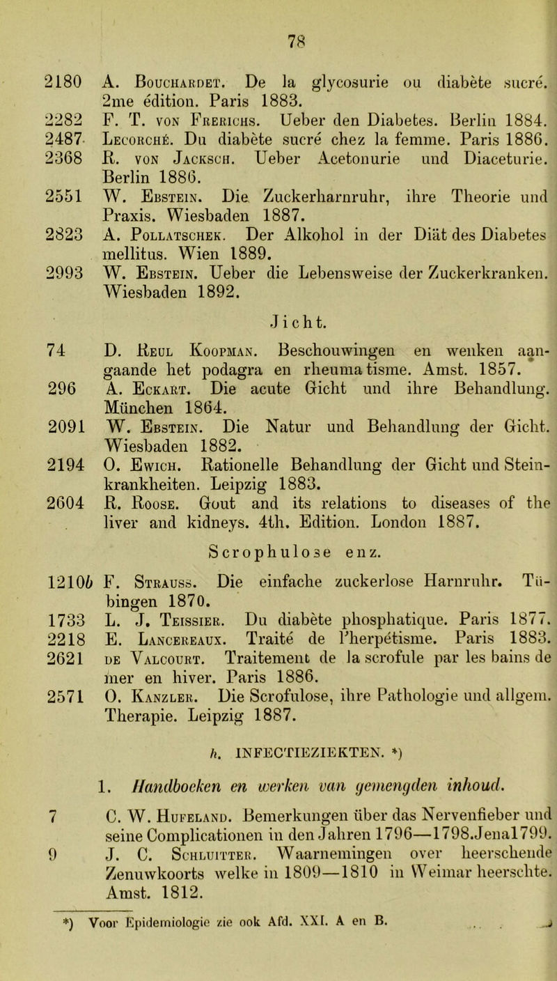 2180 A. Bouchardeï. De la glycosurie ou rliabète sucré. 2me édition. Paris 1883. 2282 F. T. voN Frerichs, Ueber den Diabetes. Berlin 1884. 2487 Lecorché. Du diabète sucré chez la femme. Paris 1886. 2368 B. VON Jacksch. Ueber Acetoiiurie und Diacetiirie. Berlin 1886. 2551 W. Ebstein. Die Zuckerharnruhr, ihre Theorie und Praxis. Wiesbaden 1887. 2823 A. PoLLATscHEK. Der Alkohol in der Diat des Diabetes mellitus. Wien 1889. 2993 W. Ebstein. Ueber die Lebensweise der Zuckerkranken. Wiesbaden 1892. Jicht. D. Beul Koopman. Beschouwingen en wenken aan- gaande het podagra en rheumatisme. Amst. 1857. A. EckaRt. Die acute Gicht und ihre Behandlung. München 1864. W. Ebstein. Die Natur und Behandlung der Gicht. Wiesbaden 1882. 0. Ewich. Bationelle Behandlung der Gicht und Stein- krankheiten. Leipzig 1883. B. Boose. Gout and its relations to diseases of the liver and kidneys. 4th. Edition. London 1887. Scrophulose enz. 12106 F. Strauss. Die einfache zuckerlose Harnruhr. Tii- bingen 1870. 1733 L. J. Teissier. Du diabète phosphatic|ue. Paris 1877. 2218 E. Lancereaux. Traité de Pherpétisme. Paris 1883. 2621 UE Valcourt. Traitement de la scrofule par les bains de nier en hiver. Paris 1886. 2571 O. Kanzler. Die Scrofulose, ihre Pathologie und allgem. Therapie. Leipzig 1887. h. INFECTIEZIEKTEN. *) 1. Handboeken en werken van yemengden inhoud. 7 C. W. Hufeland. Bemerkungen über das Nervenfieber und seine Complicationen in den Jahren 1796—1798.Jenal799. 9 J. C. ScHLUiTTER. Waarnemingen over heerschende Zenuwkoorts welke in 1809—1810 in Weimar heer.schte. Amst. 1812. 74 296 2091 2194 2604 *) Voor Epidemiologie /ie ook Afd. XXI. A en B. .j