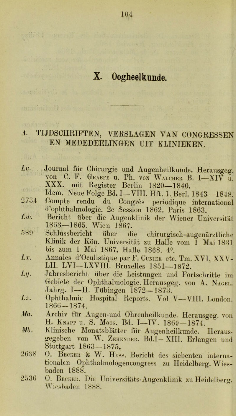 1U4 X. Oogheelkunde. A. TIJDSCHRIFTEN, VERSLAGEN VAN CONGRESSEN EN MEDEDEELINGEN UIT KLINIEKEN. Li'. Journal für Chirurgie uncl Augenheilkunde. Herausgeg. von C. F. Geaefe u. Ph. von Waecher B. I—XIV u. XXX. mit Register Berlin 1820—1840. Idem. Neue Folge Bd. I—VIII. Hft. 1. Berl. 1843—1848. 2734 Compte rendu du Congres periodique international d’ophthalmologie. 2e Session 1862. Paris 1863. Au'. Bericht über die Augenklinik der Wiener Universitat 1863—1865. Wien 1867. 580 Schlussbericht über die chirurgisch-augenarztliche Klinik der Kön. Universitilt zu Halle vom 1 Mai 1831 bis zum 1 Mai 1867. Halle 1868. 4^. Lx. Annales d'Oculistique par F. Cunieh etc. Tm. XVI, XXV- LII. LVI—LXVIII. Bruxelles 1851—1872. /.ƒ/. Jahresbericht über die Leistnngen und Fortschritte im Gebiete der Ophthalmologie. Herausgeg. von A. Nagee. Jahrg. I—11. Tübingen 1872—1873. Lz. Ophthahnic Hospita! Reports. Vol V—VIII. London. 1866-1874. A/a. Archiv für Angen-und Ohrenheilkunde. Herausgeg. von H. Knatp u. S. Moos. Bd. I—IV. 1869 — 1874. Alh. Klinische Monatsblatter für Augenheilkunde. Heraus- gegeben von W. Zehenpeu. Bd.I-XIII. Erlangen iind Stuttgart 1803—1875. 26o8 O. Beckek & W. Hess. Bericht des siebenten interna- tionalen Ophthalmologencongiess zu Heidelberg. Wies- baden 1888. 25,36 O. Be( keu. Die Üniver.sitilts-Augenklinik zn Heidelberg. iesbadc‘11 1888.