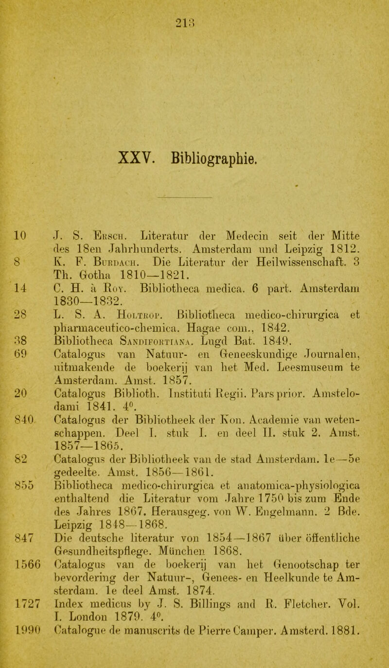 XXV. Bibliographie. 10 .T. S. Eksch. Literatur der Medecin seit der Mitte des 18en Jalirluinderts. Amsterdam mid Leipzig 1812. 8 K. F. BuRi).\ea. Die Literatur der Heihvissenscliaft. 3 Th. Gotha 1810—1821. 14 C. H. a Roy. Bibliotheca medica. 6 part. Amsterdam 1830—1832. 28 L. S. A. HuLTRor. Bibliotheca medico-chirurgica et pharmaceutico-chemica. Hagae com., 1842. 38 Bibliotheca SANuiFORTrANA. Lugd Bat. 1849. 69 Catalogus van Natuur- en Geneeskundige dournalen, uitmakende de boekerij van het Med, Leesmuseum te Amsterdam. Amst. 1857. 20 Catalogus Biblioth. Instituti Begii. Pars prior. Amstelo- dami 1841. 4°. 840 Catalogus der Bibliotheek der Kon. Ai-ademie van weten- schappen. Deel I. stuk I. en deel II. stuk 2. Amst. 1857—1865. 82 Catalogus der Bibliotheek van de stad Amsterdam. Ie—5e gedeelte. Amst. 1856—1861. 855 Bibliotheca medico-chirurgica et anatomica-physiologica enthaltend die Literatur vom Jahre 1750 bis zum Ende des Jahres 1867. Herausgeg. von W. Eugelmann. 2 Bde. Leipzig 1818—1868. 847 Die deutsche literatur von 1854—1867 über ötlentliche Gesundheitspflege. München 1868. 1566 Catalogus van de boekerij van het Genootschap ter bevordering der Natuur-, Genees- en Heelkunde te Am- sterdam. Ie deel Amst. 1874. 1727 Index medicus by J. S. Billings and R. Pletcher. Vol. 1. London 1879. 4®. 1990 Catalogue de raanuscrits de Pierre Camper. Amsterd. 1881.