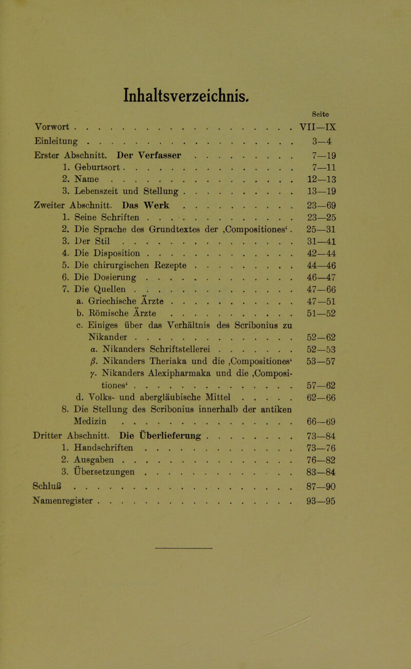 Inhaltsverzeichnis. Seite Vorwort VII—IX Einleitung 3—4 Erster Abschnitt. Der Verfasser 7—19 1. Geburtsort 7—11 2. Name 12—13 3. Lebenszeit und Stellung 13—19 Zweiter Abschnitt. Das Werk 23—69 1. Seine Schriften 23—25 2. Die Sprache des Grundtextes der ,Compositiones‘. 25—31 3. Der Stil 31—41 4. Die Disposition 42—44 5. Die chirurgischen Rezepte 44—46 6. Die Dosierung 46—47 7. Die Quellen 47—66 a. Griechische Ärzte 47—51 b. Römische Ärzte 51—52 c. Einiges über das Verhältnis des Scribonius zu Nikander 52—62 a. Nikanders Schriftstellerei 52—53 ß. Nikanders Theriaka und die ,Compositiones‘ 53—57 y. Nikanders Alexipharmaka und die ,Composi- tiones1 57—62 d. Volks- und abergläubische Mittel 62—66 8. Die Stellung des Scribonius innerhalb der antiken Medizin 66—69 Dritter Abschnitt. Die Überlieferung 73—84 1. Handschriften 73—76 2. Ausgaben 76—82 3. Übersetzungen 83—84 Schluß 87—90 Namenregister 93—95