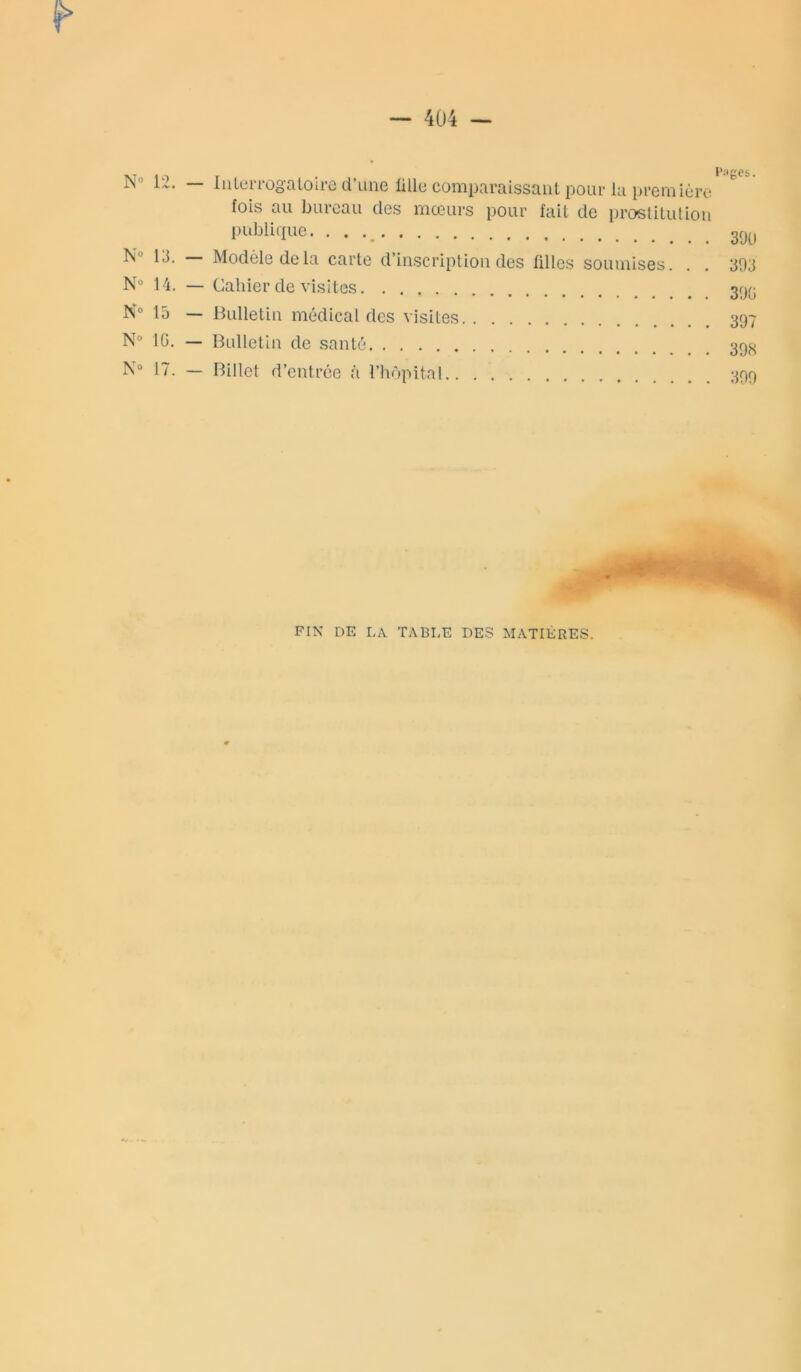 N° 12. - N° 13. N° 14. N° 15 N° IG. N° 17. Interrogatoire d’une litle comparaissant pour la première fois au bureau des mœurs pour fait de prostitution publique. . . 3^, Modèle de la carte d’inscription des filles soumises. . . 393 Cahier de visites 399 Bulletin médical des visites 397 Bulletin de santé Billet d’entrée à l’hôpital.. 399 FIN DE LA TABLE DES MATIÈRES.