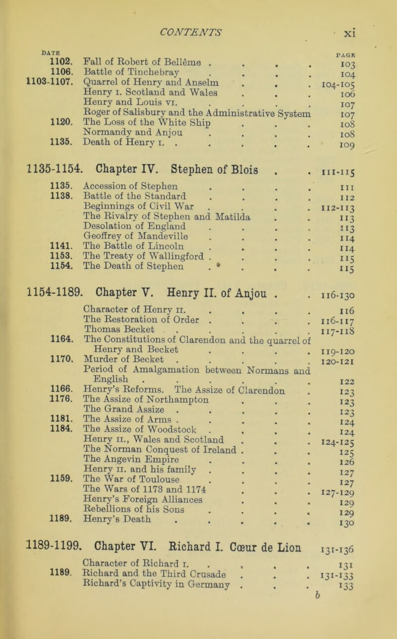 DATE 1102. 1106. 1103-1107. 1120. 1135. Fall of Robert of Belleme . Battle of Tinchebray . , , Quarrel of Henry and Anselm . . Henry i. Scotland and Wales Henry and Louis vi. Roger of Salisbury and the Administrative System The Loss of the White Ship Normandy and Anjou . Death of Henry i. . PAGE 103 104 104-105 106 107 107 108 108 109 1135-1154. Chapter IV. Stephen of Blois 1135. Accession of Stephen 1138. Battle of the Standard Beginnings of Civil War The Rivalry of Stephen and Matilda Desolation of England Geoffrey of Mandeville 1141. The Battle of Lincoln 1153. The Treaty of Wallingford . 1154. The Death of Stephen . * hi 112 112-113 3 US 114 114 5 ”5 1154-1189. Chapter V. Henry II. of Anjou . Character of Henry 11. The Restoration of Order .... Thomas Becket . 1164. The Constitutions of Clarendon and the quarrel of Henry and Becket .... 1170. Murder of Becket .... Period of Amalgamation between Normans and English . . 1166. Henry’s Reforms. The Assize of Clarendon 1176. The Assize of Northampton The Grand Assize . 1181. The Assize of Arms 1184. The Assize of Woodstock . Henry n.f Wales and Scotland The Norman Conquest of Ireland . The Angevin Empire . Henry 11. and his family .... 1159. The War of Toulouse The Wars of 1173 and 1174 . .' [ Henry’s Foreign Alliances Rebellions of his Sons .... 1189. Henry’s Death 116-130 116 116- 117 117- 118 119- 120 120- 121 122 123 123 123 124 124 124-125 125 126 127 127 127-129 129 129 130 1189-1199. Chapter VI. Richard I. Cceur de Lion 131-136 Character of Richard 1. , , . 131 1189. Richard and the Third Crusade . . . 131-133 Richard’s Captivity in Germany . . . 133 b