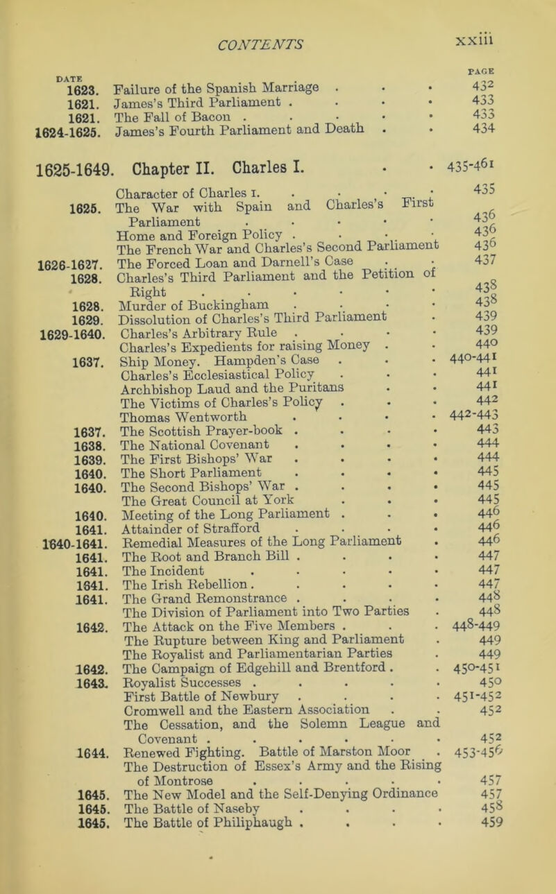 PACE 1623. Failure of the Spanish Marriage . • • 432 1621. James’s Third Parliament . 433 1621. The Fall of Bacon . 433 1624- 1625. James’s Fourth Parliament and Death . • 434 1625- 1649. Chapter II. Charles I. • • 435-46i Character of Charles i. . • • 1625. The War with Spain and Charles s hirs Parliament . Home and Foreign Policy . • The French War and Charles’s Second Parliamen 1626-1627. The Forced Loan and Darnell’s Case 1628. Charles’s Third Parliament and the Petition o 1628. 1629. 1629-1640. 1637. 1637. 1638. 1639. 1640. 1640. 1640. 1641. 1640-1641. 1641. 1641. 1641. 1641. 1642. 1642. 1643. 1644. 1645. 1645. 1645. Right ...••• Murder of Buckingham • Dissolution of Charles’s Third Parliament Charles’s Arbitrary Rule • Charles’s Expedients for raising Money . Ship Money. Hampden's Case Charles’s Ecclesiastical Policy Archbishop Laud and the Puritans The Victims of Charles’s Policy Thomas Wentworth . The Scottish Prayer-book . The National Covenant .... The First Bishops’ War .... The Short Parliament .... The Second Bishops’ War . The Great Council at York Meeting of the Long Parliament . . • Attainder of Strafford . • • Remedial Measures of the Long Parliament The Root and Branch Bill .... The Incident ..... The Irish Rebellion..... The Grand Remonstrance . The Division of Parliament into Two Parties The Attack on the Five Members . The Rupture between King and Parliament The Royalist and Parliamentarian Parties The Campaign of Edgehill and Brentford . Royalist Successes ..... First Battle of Newbury .... Cromwell and the Eastern Association The Cessation, and the Solemn League and Covenant ...... Renewed Fighting. Battle of Marston Moor The Destruction of Essex’s Army and the Rising of Montrose ..... The New Model and the Self-Denying Ordinance The Battle of Naseby . The Battle of Philiphaugh . . 435 436 43<> 436 437 43s 438 439 439 440 440-441 441 441 442 442-443 443 444 444 445 445 445 446 446 446 447 447 447 448 448 448-449 449 449 450-45i 450 45I452 452 452 453-456 457 457 458 459