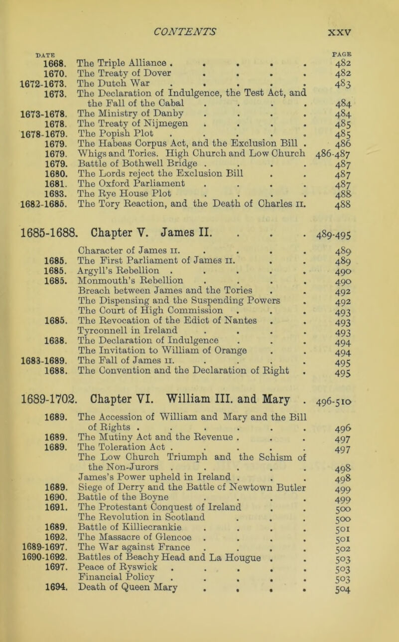 DATE FAGE 1668. The Triple Alliance ..... 482 1670. The Treaty of Dover .... 482 1672- 1673. The Dutch War ..... 483 1673. The Declaration of Indulgence, the Test Act, and the Fall of the Cabal .... 484 1673- 1678. The Ministry of Danby .... 484 1678. The Treaty of Nijmegen .... 485 1678-1679. The Popish Plot ..... 485 1679. The Habeas Corpus Act, and the Exclusion Bill . 486 1679. Whigs and Tories. High Church and Low Church 486 487 1679. Battle of Bothwell Bridge .... 487 1680. The Lords reject the Exclusion Bill . . 487 1681. The Oxford Parliament .... 487 1683. The Rye House Plot .... 488 1682-1685. The Tory Reaction, and the Death of Charles n. 488 1685-1688. Chapter V. James II. 489-495 1685. 1685. 1685. 1685. 1638. 1683-1689. 1688. Character of James 11. The First Parliament of James 11. Argyll’s Rebellion .... Monmouth’s Rebellion Breach between James and the Tories The Dispensing and the Suspending Powers The Court of High Commission The Revocation of the Edict of Nantes Tyrconnell in Ireland The Declaration of Indulgence The Invitation to William of Orange The Fall of James 11. The Convention and the Declaration of Right 489 489 490 490 492 492 493 493 493 494 494 495 495 1689-1702. Chapter VI. William III. and Mary . 496-510 1689. 1689. 1689. 1689. 1690. 1691. 1689. 1692. 1689- 1697. 1690- 1692. 1697. 1694. The Accession of William and Mary and the Bill of Rights ...... The Mutiny Act and the Revenue . The Toleration Act ..... The Low Church Triumph and the Schism of the Non-Jurors . James’s Power upheld in Ireland . Siege of Derry and the Battle cf Newtown Butler Battle of the Boyne .... The Protestant Conquest of Ireland The Revolution in Scotland Battle of Killiecrankie .... The Massacre of Glencoe .... The War against France . Battles of Beachy Head and La Hougue . Peace of Ryswick . . . . . Financial Policy . . . . Death of Queen Mary .... 496 497 497 498 498 499 499 500 500 501 5o» 502 503 503 5°3 504