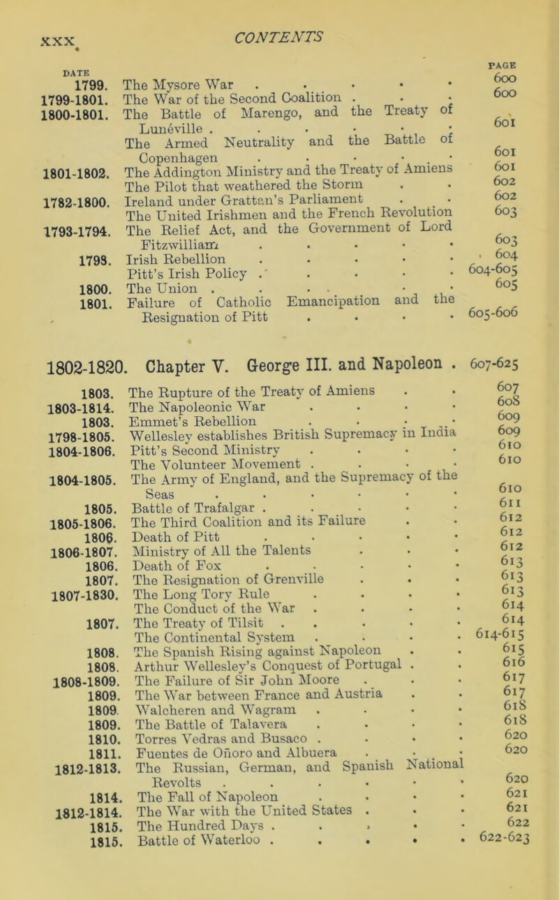 DATE 1799. 1799- 1801. 1800- 1801. 1801-1802. 1782-1800. 1793-1794. 1793. 1800. 1801. The Mysore War . The War of the Second Coalition . . • The Battle of Marengo, and the Treaty of Lun6ville . . • • • • The Armed Neutrality and the Battle of Copenhagen . • • • The Addington Ministry and the Treaty of Amiens The Pilot that weathered the Storm Ireland under Grattan’s Parliament . _ • The United Irishmen and the French Revolution The Relief Act, and the Government of Lord Fitzwilliam . Irish Rebellion . Pitt’s Irish Policy .’ The Union . . • • • Failure of Catholic Emancipation and the Resignation of Pitt . PAGE 6oo 600 601 6oi 601 602 602 603 603 604 604- 605 605 605- 606 1802-1820. Chapter V. George III. and Napoleon 607-625 1803. 1803- 1814. 1803. 1798-1805. 1804- 1806. 1804- 1805. 1805. 1805- 1806. 1806. 1806- 1807. 1806. 1807. 1807- 1830. 1807. 1808. 1808. 1808- 1809. 1809. 1809 1809. 1810. 1811. 1812-1813. 1814. 1812-1814. 1815. 1815. The Rupture of the Treaty of Amiens The Napoleonic War . Emmet’s Rebellion Wellesley establishes British Supremacy iu India Pitt’s Second Ministry . The Volunteer Movement . The Army of England, and the Supremacy of the Seas Battle of Trafalgar . The Third Coalition and its Failure Death of Pitt . Ministry of All the Talents Death of Fox . The Resignation of Grenville The Long Tory Rule . The Conduct of the War . The Treaty of Tilsit . ... The Continental System . The Spanish Rising against Napoleon Arthur Wellesley’s Conquest of Portugal . The Failure of Sir John Moore The War between France and Austria Walcheren and Wagram . The Battle of Talavera . Torres Vedras and Busaco . Fuentes de Oiioro and Albuera . • The Russian, German, and Spanish National Revolts ...••• The Fall of Napoleon . The War with the United States . The Hundred Days . Battle of Waterloo . . . • 607 60S 609 609 610 610 610 611 612 612 612 613 613 613 614 614 614-615 6x5 616 617 617 615 618 620 620 620 621 621 622 622-623