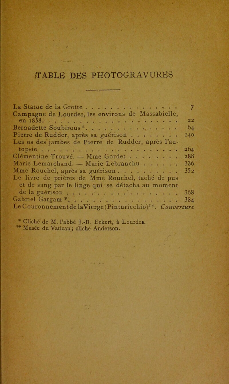 tTABLfî DES PHOTOGRAVURES La Statue de la Grotte 7 Campagne de Lourdes, les environs de Massabielle, en r858. » 22 Bernadette Soubirous* 64 Pierre de Rudder, après sa guérison 240 Les os des’jambes de Pierre de Rudder, après l’au- topsie 264 Clémentine Trouvé. — Mme Gordet 288 Marie Lemarckand. — Marie Lebranchu 336 Mme Rouchel, après sa guérison 35a Le livre de prières de Mme Rouchel, taché de pus et de sang par le linge qui se détacha au moment de la guérison 368 Gabriel Gargam * 384 Le Couronnement de laVierge^inturicchio)**. Couveriurc * Cliché de M. l’abbé J.-B. Eckert, à Lourdes. ** Musée du Vatican ; cliché Anderson.