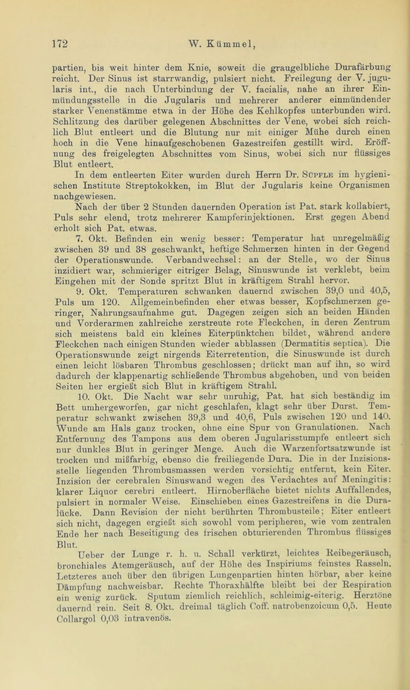 partien, bis weit hinter dem Knie, soweit die graugelbliche Durafärbung reicht. Der Sinus ist starrwandig, pulsiert nicht. Freilegung der V. jugu- laris int., die nach Unterbindung der V. facialis, nahe an ihrer Ein- mündungsstelle in die Jugularis und mehrerer anderer einmündender starker Venenstämme etwa in der Höhe des Kehlkopfes unterbunden wird. Schlitzung des darüber gelegenen Abschnittes der Vene, wobei sich reich- lich Blut entleert und die Blutung nur mit einiger Mühe durch einen hoch in die Vene hinaufgeschobenen Gazestreifen gestillt wird. Eröff- nung des freigelegten Abschnittes vom Sinus, wobei sich nur flüssiges Blut entleert. In dem entleerten Eiter wurden durch Herrn Dr. Süpfle im hygieni- schen Institute Streptokokken, im Blut der Jugularis keine Organismen nachgewiesen. Nach der über 2 Stunden dauernden Operation ist Pat. stark kollabiert, Puls sehr elend, trotz mehrerer Kampferinjektionen. Erst gegen Abend erholt sich Pat. etwas. 7. Okt. Befinden ein wenig besser: Temperatur hat unregelmäßig zwischen 39 und 38 geschwankt, heftige Schmerzen hinten in der Gegend der Operationswunde. Vei'bandwechsel: an der Stelle, wo der Sinus inzidiert war, schmieriger eitriger Belag, Sinuswunde ist verklebt, beim Eingehen mit der Sonde spritzt Blut in kräftigem Strahl hervor. 9. Okt. Temperaturen schwanken dauernd zwischen 39,0 und 40,5, Puls um 120. Allgemeinbefinden eher etwas besser, Kopfschmerzen ge- ringer, Nahrungsaufnahme gut. Dagegen zeigen sich an beiden Händen und Vorderarmen zahlreiche zerstreute rote Fleckchen, in deren Zentrum sich meistens bald ein kleines Eiterpünktchen bildet, während andere Fleckchen nach einigen Stunden wieder abblassen (Dermatitis septica). Die Operationswunde zeigt nirgends Eiterretention, die Sinuswunde ist durch einen leicht lösbaren Thrombus geschlossen; drückt man auf ihn, so wird dadurch der klappenartig schließende Thrombus abgehoben, und von beiden Seiten her ergießt sich Blut in kräftigem Strahl. 10. Okt. Die Nacht war sehr unruhig, Pat. hat sich beständig im Bett umhergeworfen, gar nicht geschlafen, klagt sehr über Durst. Tem- peratur schwankt zwischen 39,3 und 40.6, Puls zwischen 120 und 140. Wunde am Hals ganz trocken, ohne eine Spur von Granulationen. Nach Entfernung des Tampons aus dem oberen Jugularisstumpfe entleert sich nur dunkles Blut in geringer Menge. Auch die Warzenfortsatzwunde ist trocken und mißfarbig, ebenso die freiliegende Dura. Die in der Inzisions- stelle liegenden Thrombusmassen werden vorsichtig entfernt, kein Eiter. Inzision der cerebralen Sinuswand wegen des Verdachtes auf Meningitis: klarer Liquor cerebri entleert. Hirnoberfläche bietet nichts Auffallendes, pulsiert in normaler Weise. Einschieben eines Gazestreifens in die Dura- lücke. Dann Revision der nicht berührten Thrombusteile; Eiter entleert sich nicht, dagegen ergießt sich sowohl vom peripheren, wie vom zentralen Ende her nach Beseitigung des frischen obturierenden Thrombus flüssiges Blut. Ueber der Lunge r. h. u. Schall verkürzt, leichtes Reibegeräusch, bronchiales Atemgeräusch, auf der Höhe des Inspiriums feinstes Rasseln. Letzteres auch über den übrigen Lungenpartien hinten hörbar, aber keine Dämpfung nachweisbar. Rechte Thoraxhälfte bleibt bei der Respiration ein wenig zurück. Sputum ziemlich reichlich, schleimig-eiterig. Herztöne dauernd rein. Seit 8. Okt. dreimal täglich Ooff. natrobenzoicum 0,5. Heute Collargol 0,03 intravenös.