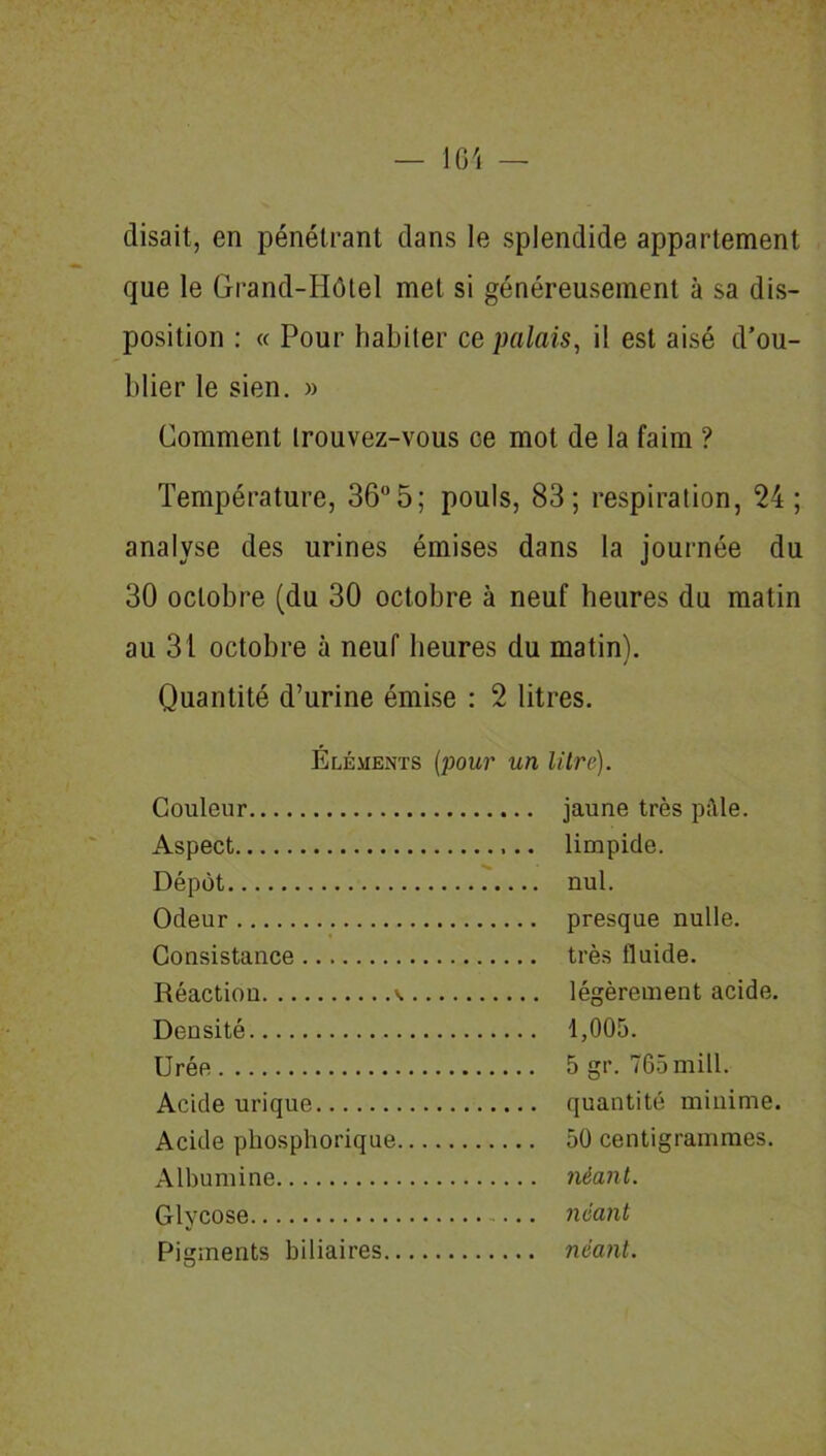 disait, en pénétrant dans le splendide appariement que le Grand-Hôtel met si généreusement à sa dis- position : « Pour habiter ce palais, il est aisé d’ou- blier le sien. » Comment trouvez-vous ce mot de la faim ? Température, 36°5; pouls, 83; respiration, 24; analyse des urines émises dans la journée du 30 octobre (du 30 octobre à neuf heures du matin au 31 octobre à neuf heures du matin). Quantité d’urine émise : 2 litres. Éléments (pour un litre). Couleur Aspect Dépôt Odeur Consistance Réaction \ Densité .... 1,005. Urée .... 5 gr. 765 mill. Acide urique quantité minime. Acide phosphorique 50 centigrammes. Albumine Glycose Pigments biliaires