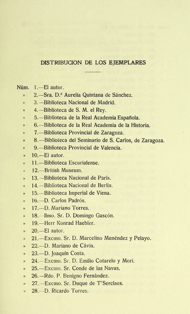 DISTRIBUCION DE LOS EJEMPLARES 1. —El autor. 2. —Sra. D.a Aurelia Quintana de Sánchez. 3. —Biblioteca Nacional de Madrid. 4. —Biblioteca de S. M. el Rey. 5. —Biblioteca de la Real Academia Española. 6. —Biblioteca de la Real Academia de la Historia. 7. —Biblioteca Provincial de Zaragoza. 8. —Biblioteca del Seminario de S. Carlos, de Zaragoza. 9. —Biblioteca Provincial de Valencia. 10. —El autor. 11. —Biblioteca Escurialense. 12. —British Museum. 13. —Biblioteca Nacional de París. 14. —Biblioteca Nacional de Berlín. 15. —Biblioteca Imperial de Viena. 16. —D. Carlos Padrós. 17. —D. Mariano Torres. 18. —limo. Sr. D. Domingo Gascón. 19. —Herr Konrad Haebíer. 20. —El autor. 21. —Excmo. Sr. D. Marcelino Menéndez y Pelayo. 22. —D. Mariano de Cávia. 23. —D. Joaquín Cosía. 24. —Excmo. Sr. D. Emilio Cotarelo y Mori. 25. —Excmo. Sr. Conde de las Navas. 26. —Rdo. P. Benigno Fernández. 27. —Excmo. Sr. Duque de T’Serclaes. 28. —D. Ricardo Torres.