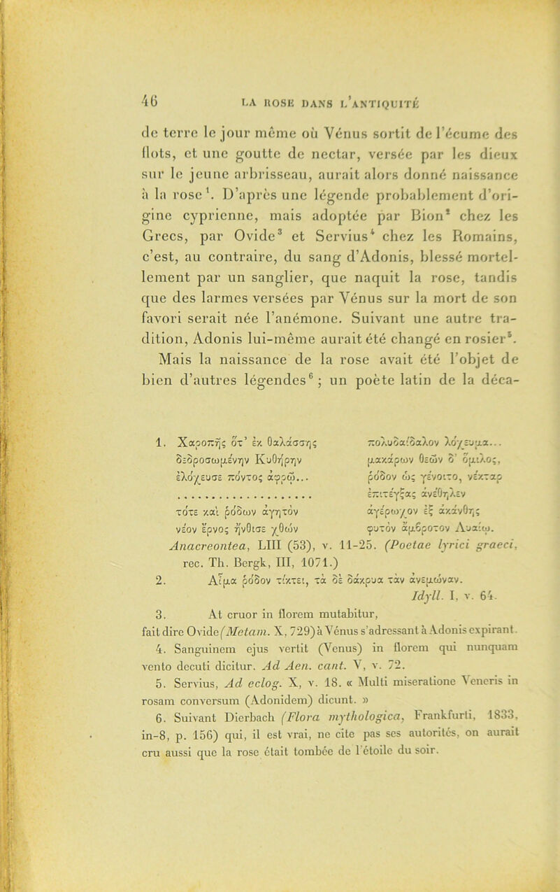 de terre le jour même où Vénus sortit de l’écume des Ilots, et une goutte de nectar, versée par les dieux sur le jeune arbrisseau, aurait alors donné naissance à la rose1. D’après une légende probablement d’ori- gine cyprienne, mais adoptée par Bion1 chez les Grecs, par Ovide3 et Servius* chez les Romains, c’est, au contraire, du sang d’Adonis, blessé mortel- lement par un sanglier, que naquit la rose, tandis que des larmes versées par Vénus sur la mort de son favori serait née l’anémone. Suivant une autre tra- dition, Adonis lui-même aurait été changé en rosier5. Mais la naissance de la rose avait été l’objet de bien d’autres légendes6; un poète latin de la déca- 1. Xapo~7jç oV à-/. OxXaacnjç 85?ïpoaa)p.£V7)V KtiÔqpqv ÈXoyeuaE ttovto; àcppôi... —oie /.où pôowv txyr)TOv VEOV £pvo; rjvOiac yOcév Anacreontea, LUI (53), v. 11-25. (Poetae lyrici graeci, rec. Th. Bcrgk, III, 1071.) 2. Atp-a po'Sov té/.TEt, ta 8È oay.p'ja tàv àvEaiôvav. Idyll. I, v. 64. 3. At cruor in florem mutabitur, ~oXuoa:oaXov Xo’y vjaa... p.*y.apfov Gcüiv o’ opn/.oe, poSov wç ysvotxo, vsV.Tap èniTEy-a; âvÉGqXsv âyepojyov èÇ âxacvOr,; ouxov aaêpoxov Auaiiu. fait dire Ovide (Metam. X, 729) à Vénus s’adressant à Adonis expirant 4. Sanguinem ejus vertit (Venus) in florem qui nunquam vento dccuti dicitur. Ad Aen. cant. V, v. 72. 5. Servius, Ad eclog. X, v. 18. « Multi miseralionc Veneris in rosam conversum (Adonidem) dicunt. » 6. Suivant Dicrbach (Flora mythologica, Frankfurli, 183b, in-8, p. 156) qui, il est vrai, ne cite pas ses autorités, on aurait cru aussi que la rose était tombée de 1 étoile du soir.