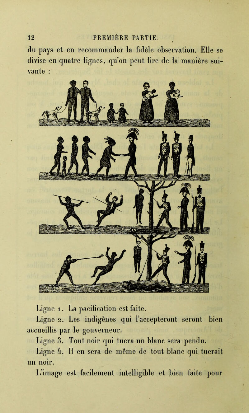 du pays et en recommander la fidèle observation. Elle se divise en quatre lignes, qu’on peut lire de la manière sui- vante : Ligne i. La pacification est faite. Ligne 2. Les indigènes qui faccepteront seront bien accueillis par le gouverneur. Ligne 3. Tout noir qui tuera un blanc sera pendu. Ligne h. Il en sera de même de tout blanc qui tuerait un noir. L’image est facilement intelligible et bien faite pour