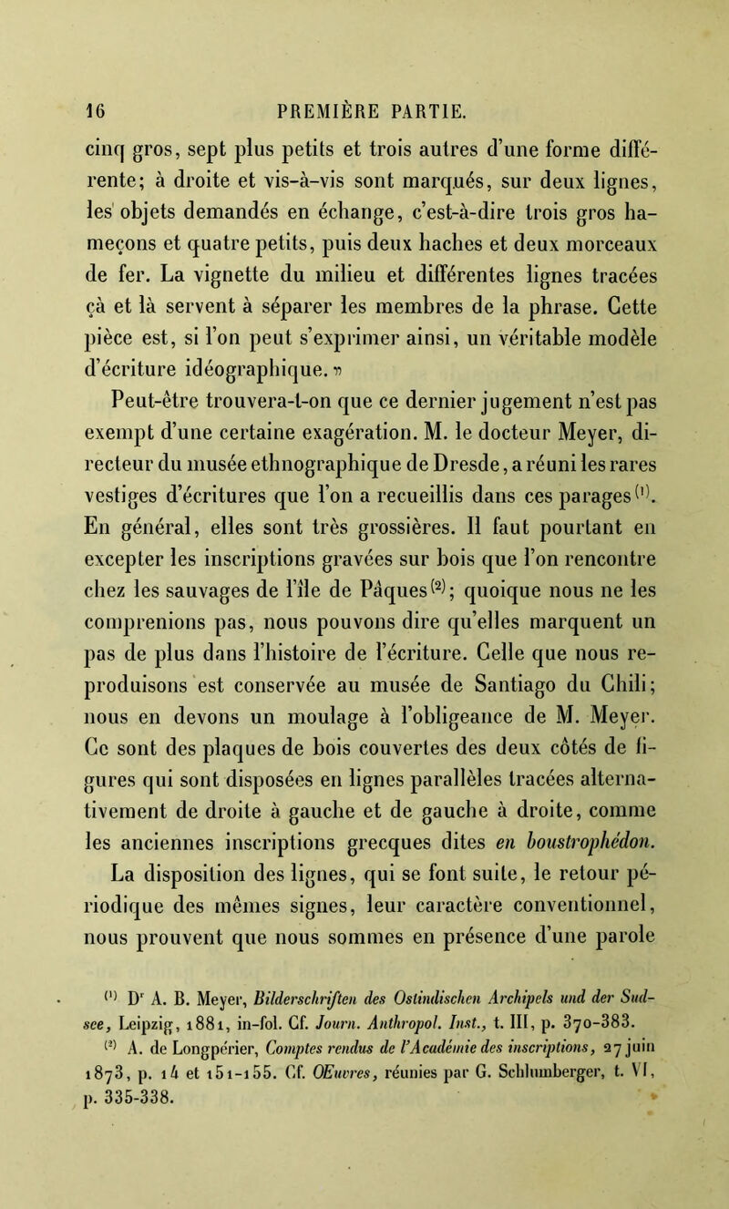 cinq gros, sept plus petits et trois autres d’uue forme diffé- rente; à droite et vis-à-vis sont marqués, sur deux lignes, les objets demandés en échange, c’est-à-dire trois gros ha- meçons et quatre petits, puis deux haches et deux morceaux de fer. La vignette du milieu et différentes lignes tracées çà et là servent à séparer les membres de la phrase. Cette pièce est, si l’on peut s’exprimer ainsi, un véritable modèle d’écriture idéographique, -n Peut-être trouvera-t-on que ce dernier jugement n’est pas exempt d’une certaine exagération. M. le docteur Meyer, di- recteur du musée ethnographique de Dresde, a réuni les rares vestiges d’écritures que l’on a recueillis dans ces parages ('I En général, elles sont très grossières. Il faut pourtant en excepter les inscriptions gravées sur bois que l’on rencontre chez les sauvages de l’île de Pâques quoique nous ne les comprenions pas, nous pouvons dire qu’elles marquent un pas de plus dans l’histoire de l’écriture. Celle que nous re- produisons est conservée au musée de Santiago du Chili; nous en devons un moulage à l’obligeance de M. Meyei'. Ce sont des plaques de bois couvertes des deux côtés de li- gures qui sont disposées en lignes parallèles tracées alterna- tivement de droite à gauche et de gauche à droite, comme les anciennes inscriptions grecques dites en boustropliédon. La disposition des lignes, qui se font suite, le retour pé- riodique des mêmes signes, leur caractère conventionnel, nous prouvent que nous sommes en présence d’une parole D' A. B. Meyer, Bilderschriften des Ostindischcn Archipels und der Sud- see, Leipzig, 1881, in-fol. Cf. Journ. Anthropol. Inst., t. III, p. 870-388. A. de Longpérier, Comptes rendus de l’Académie des inscriptions, 527 juin 1878, p. i4 et i5i-i55. Cf. Œuvres, réunies par G. Sclihimberger, t. VT, p. 335-338. *