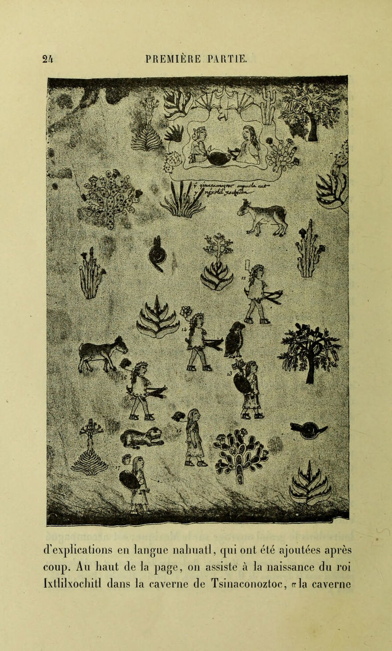 (Vexplicatioiis en langue nalinall, ([ui ont été ajoutées après coup. Au haut de la page, on assiste à la naissance du i*oi Ixllilxocliitl dans la caverne de Tsinaconozloc, cria caverne