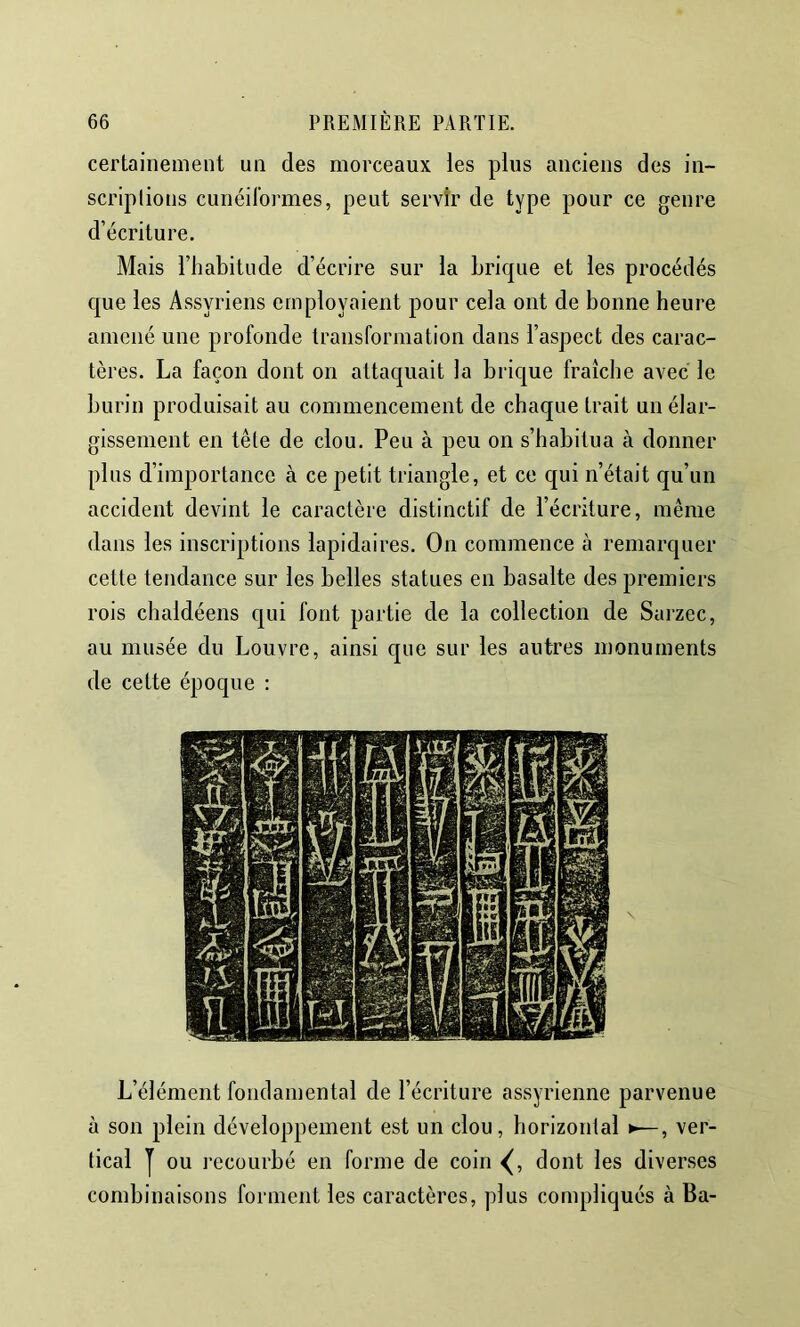 certainement un des morceaux les plus anciens des in- scriplions cunéilormes, peut servir de type pour ce genre d’écriture. Mais l’habitude d’écrire sur la brique et les procédés que les Assyriens employaient pour cela ont de bonne heure amené une profonde transformation dans l’aspect des carac- tères. La façon dont on attaquait la brique fraîche avec le burin produisait au commencement de chaque trait un élar- gissement en tête de clou. Peu à peu on s’habitua à donner plus d’importance à ce petit triangle, et ce qui n’était qu’un accident devint le caractère distinctif de l’écriture, même dans les inscriptions lapidaires. On commence à remarquer cette tendance sur les belles statues en basalte des premiers rois clialdéens c|ui font partie de la collection de Sarzec, au musée du Louvre, ainsi c[ue sur les autres monuments de cette époque ; L’élément fondamental de l’écriture assyrienne parvenue à son plein développement est un clou, horizontal ver- tical y ou recourbé en forme de coin dont les diverses combinaisons forment les caractères, plus compliqués à Ba-