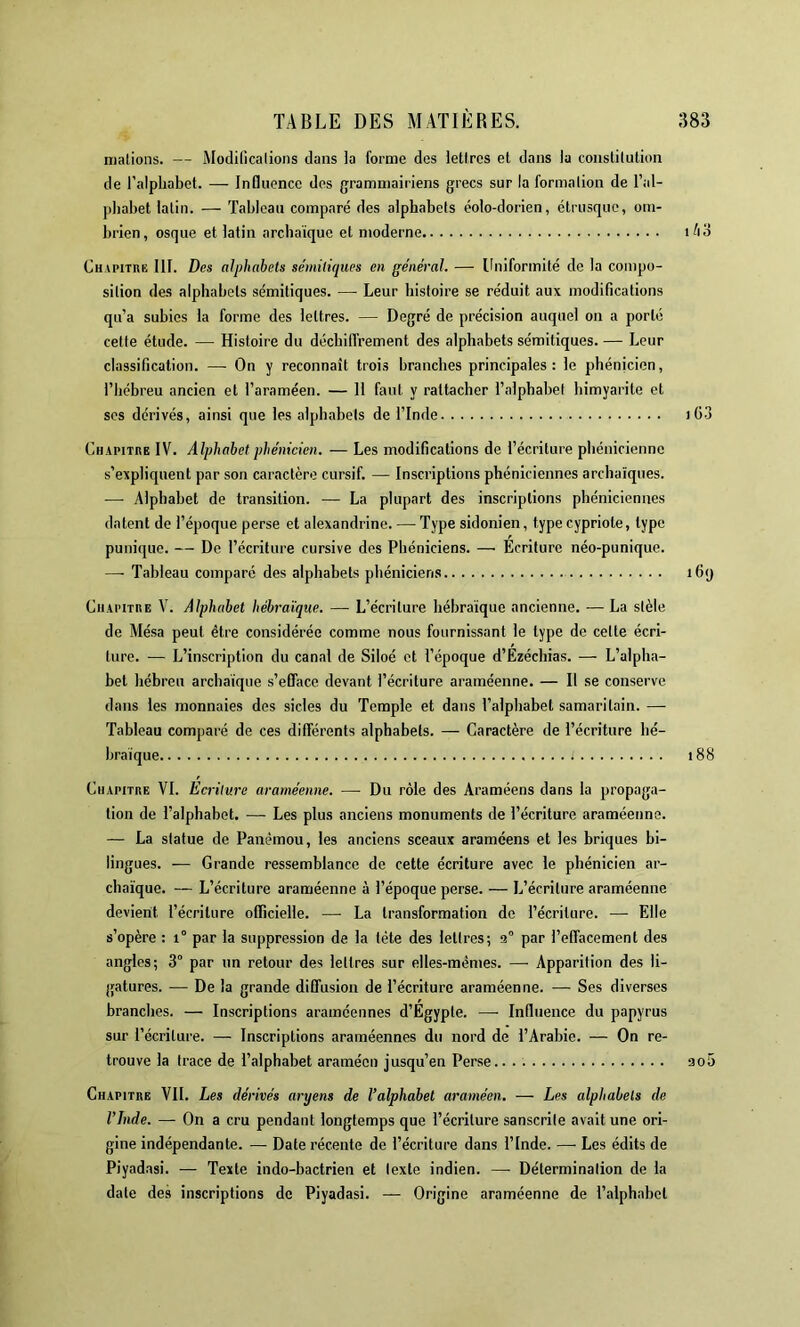 nialions. — Modidcalions dans la forme des lettres et dans la conslilution de l’alphabet. — Influence des grammairiens grecs sur la formalion de l’al- phabet latin. — Tableau comparé des alphabets éolo-dorien, étrusque, om- brien, osque et latin archaïque et moderne Chapitre 111. Des alphabets sémitiques en général. — Uniformité de la compo- sition des alphabets sémitiques. — Leur histoire se réduit aux modifications qu’a subies la forme des lettres. — Degré de précision auquel on a porté cette étude. — Histoire du déchiffrement des alphabets sémitiques. — Leur classification. — On y reconnaît trois branches principales : le phénicien, l’hébreu ancien et l’araméen. — 11 faut y rattacher l’alphabet bimyarite et scs dérivés, ainsi que les alphabets de l’Inde Chapitre IV. Alphabet phénicien. — Les modifications de l’écriture phénicienne s’expliquent par son caractère cursif. — Inscriptions phéniciennes archaïques. — Alphabet de transition. — La plupart des inscriptions phéniciennes datent de l’époque perse et alexandrine. — Type sidonien, type cypriote, type punique. — De l’écriture cursive des Phéniciens. — Ecriture néo-punique. — Tableau comparé des alphabets phéniciens Chapitre V. Alphabet hébraïque. — L’écriture hébraïque ancienne. •— La stèle de Mésa peut être considérée comme nous fournissant le type de cette écri- ture. — L’inscription du canal de Siloé et l’époque d’Ézécbias. — L’alpha- bet hébreu archaïque s’eDTace devant l’écriture araméenne. — Il se conserve dans les monnaies des sicles du Temple et dans l’alphabet samaritain. — Tableau comparé de ces différents alphabets. — Caractère de l’écriture hé- braïque 1 Chapitre VI. Ecriture araméenne. — Du rôle des Araméens dans la propaga- tion de l’alphabet. — Les plus anciens monuments de l’écriture araméenne. — La statue de Panèmou, les anciens sceaux araméens et les briques bi- lingues. — Grande ressemblance de cette écriture avec le phénicien ar- chaïque. — L’écriture araméenne à l’époque perse. — L’écriture araméenne devient l’écriture officielle. — La transformation do l’écriture. — Elle s’opère : i° par la suppression de la tête des lettres; 9° par l’effacement des angles; 3’ par un retour des lettres sur elles-mêmes. —■ Apparition des li- gatures. — De la grande diffusion de l’écriture araméenne. — Ses diverses branches. — Inscriptions araméennes d’Egypte. —■ Influence du papyrus sur l’écriture. — Inscriptions araméennes du nord de l’Arabie. — On re- trouve la trace de l’alphabet aramécn jusqu’en Perse.. . Chapitre VIL Les dérivés aryens de l’alphabet araméen. — Les alphabets de l’Inde. — On a cru pendant longtemps que l’écriture sanscrite avait une ori- gine indépendante. — Date récente de l’écriture dans l’Inde. — Les édits de Piyadasi. — Texte indo-bactrien et texte indien. — Détermination de la date des inscriptions de Piyadasi. — Origine araméenne de l’alphabet 1 /lo 103 i6(j i88 90t)