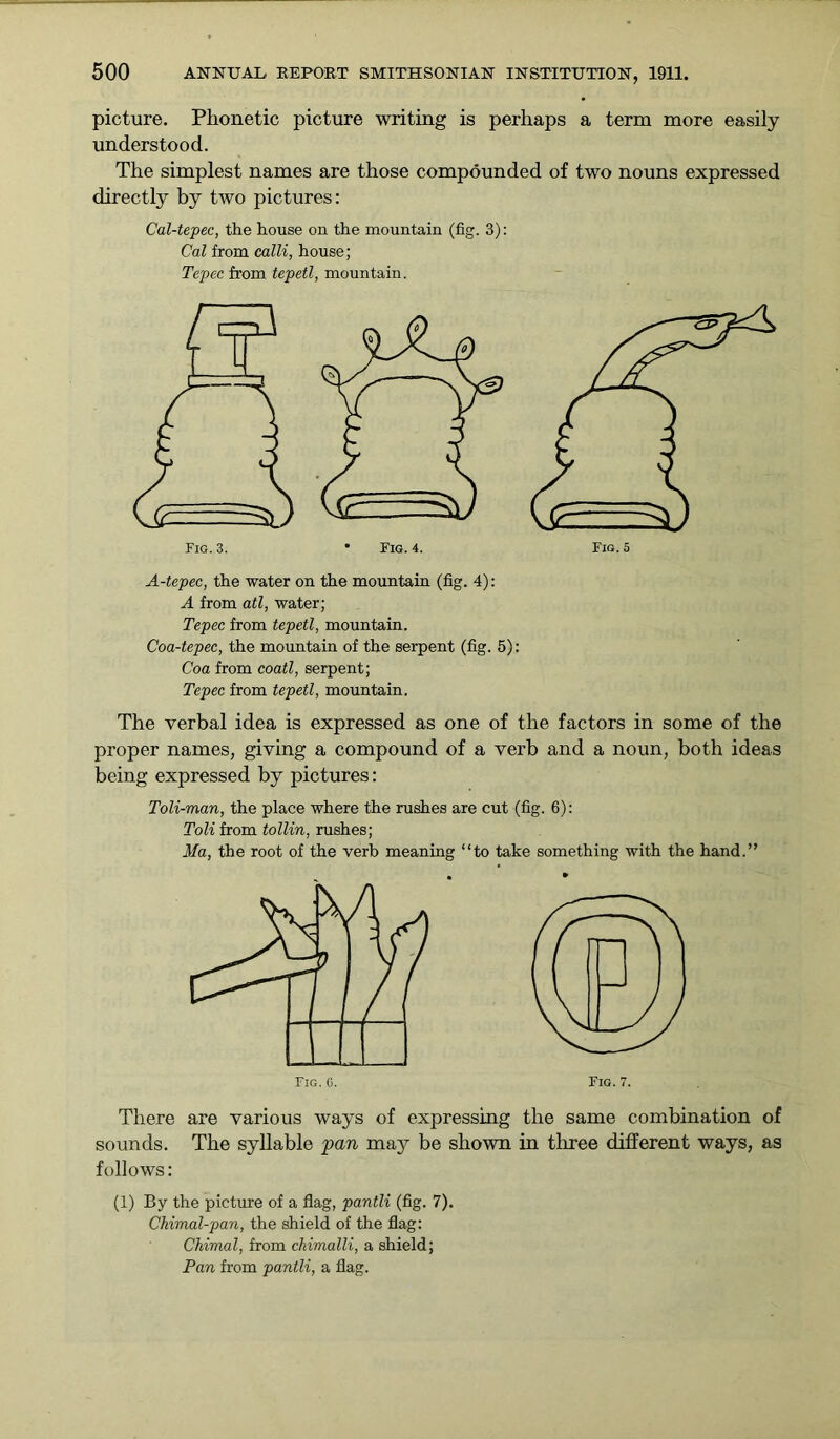 picture. Phonetic picture writing is perhaps a term more easily understood. The simplest names are those compounded of two nouns expressed directly by two pictures: Cal-tepec, the house on the mountain (fig. 3): Cal from calli, house; Tepee from tepetl, mountain. A-tepec, the water on the mountain (fig. 4): A from atl, water; Tepee from tepetl, mountain. Coa-tepec, the mountain of the serpent (fig. 5): Coa from coatl, serpent; Tepee from tepetl, mountain. The verbal idea is expressed as one of the factors in some of the proper names, giving a compound of a verb and a noun, both ideas being expressed by pictures: Toli-man, the place where the rushes are cut (fig. 6): Toli from tollin, rushes; Ma, the root of the verb meaning “to take something with the hand.” There are various ways of expressing the same combination of sounds. The syllable pan may be shown in three different ways, as follows: (1) By the picture of a flag, pantli (fig. 7). Chimal-pan, the shield of the flag: Chimal, from chimalli, a shield; Pan from pantli, a flag.