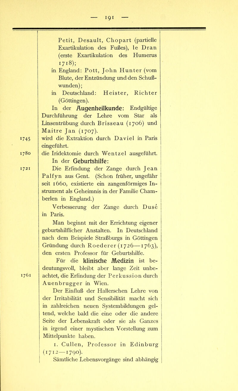 1745 1780 1721 Petit, Desault, Chopart (partielle Exartikulation des Fußes), le Dran (erste Exartikulation des Humerus 1718); in England: Pott, John Plunter (vom Blute, der Entzündung und den Schuß- wunden) ; in Deutschland: Heister, Richter (Göttingen). In der Augenheilkunde: Endgültige Durchführung der Lehre vom Star als Linsentrübung durch Brisseau (1706) und Maitre Jan (1707). wird die Extraktion durch Da viel in Paris eingeführt. die Iridektomie durch Wentzel ausgeführt. In der Geburtshilfe: Die Erfindung der Zange durch Jean Palfyn aus Gent. (Schon früher, ungefähr seit 1660, existierte ein zangenförmiges In- strument als Geheimnis in der Familie Cham- berlen in England.) Verbesserung der Zange durch Düse in Paris. 1761 Man beginnt mit der Errichtung eigener geburtshilflicher Anstalten. In Deutschland nach dem Beispiele Straßburgs in Göttingen Gründung durch Roederer (1726—1763), den ersten Professor für Geburtshilfe. Für die klinische Medizin ist be- deutungsvoll, bleibt aber lange Zeit unbe- achtet, die Erfindung der Perkussion durch Auenbrugger in Wien. Der Einfluß der Hallerschen Lehre von der Irritabilität und Sensibilität macht sich in zahlreichen neuen Systembildungen gel- tend, welche bald die eine oder die andere Seite der Lebenskraft oder sie als Ganzes in irgend einer mystischen Vorstellung zum Mittelpunkte haben. 1. Cullen, Professor in Edinburg (1712—1790). Sämtliche Lebensvorgänge sind abhängig