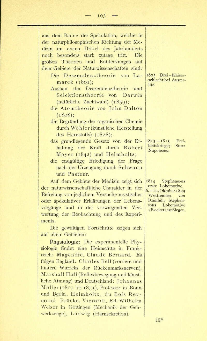 *95 aus dem Banne der Spekulation, welche in der naturphilosophischen Richtung der Me- dizin im ersten Drittel des Jahrhunderts noch besonders stark zutage tritt. Die großen Theorien und Entdeckungen auf dem Gebiete der Naturwissenschaften sind: Die Deszendenztheorie von La- marck (1801); Ausbau der Deszendenztheorie und Selektionstheorie von Darwin (natürliche Zuchtwahl) (1859); die Atomtheorie von John Dalton (1808); die Begründung der organischen Chemie durch Wö h 1 e r (künstliche Herstellung des Harnstoffs) (1828); das grundlegende Gesetz von der Er- haltung der Kraft durch Robert Mayer (1842) und Helmholtz; die endgültige Erledigung der Frage nach der Urzeugung durch Schwann 1805 Drei - Kaiser- schlacht bei Auster- litz. 1813 —1815 Frei- heitskriege ; Sturz Napoleons. und Pasteur. Auf dem Gebiete der Medizin zeigt sich der naturwissenschaftliche Charakter in der Befreiung von jeglichem Versuche mystischer oder spekulativer Erklärungen der Lebens- vorgänge und in der vorwiegenden Ver- wertung der Beobachtung und des Experi- ments. 1814 Stephensons erste Lokomotive. 6. —12. Oktober 1829 YV ettrennen von Rainhill; Stephen- sons Lokomotive »Rocket« ist Sieger. Die gewaltigen Fortschritte zeigen sich auf allen Gebieten: Physiologie: Die experimentelle Phy- siologie findet eine Heimstätte in Frank- reich: Magendie, Claude Bernard. Es folgen England: Charles Bell (vordere und hintere Wurzeln der Rückenmarksnerven), Mars hall Hall (Reflexbewegung und künst- liche Atmung) und Deutschland: Johannes Müller (1801 bis 1851), Professor in Bonn und Berlin, Helmholtz, du Bois Rey- mond Brücke, Vierordt, Ed. Wilhelm Weber in Göttingen (Mechanik der Geh- werkzeuge), Ludwig (Hamsekretion). 18*