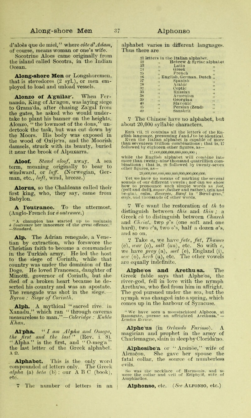 Along'-shore Men ;37 Alphonso d’aloes que de miel,” where cote d’’Adam^ of course, means woman or one’s wife. Socotrine Aloes came originally from the island called Socotra, in the Indian Ocean. Along-shore Men or Longshoremen, that is stevedores (2 syl.), or men em- ployed to load and unload vessels. Alonzo of Aguilar'. When Fer- nando, King of Ar agon, was laying siege to Grana'da, after chasing Za'gal from the gates, he asked who would undei-- take to plant his banner on the heights. Alonzo, “the lowmost of the dons,” un- dertook the task, but was cut down by the Moors. His body was exposed in the wood of Oxije'ra, and the Moorish damsels, struck with its beauty, buried it near the brook of Alpuxarra. Aloof. Stand aloof, away. A sea term, meaning originally to bear to windward, or luff. (Norwegian, Ger- man, etc., luft, Avind, breeze.) Alorus, so the Chaldeans called their first king, who, they say, came from Babylon. A I’outrance. To the uttennost. (Anglo-French for cl oiitrance.) “A champion has started up to maintain <r I’outrance her innocence ol tlie great oifence.” —Standard. Alp. The Adrian renegade, a Vene- tian by extraction, who forswore the Christian faith to become a commander in the Turkish army. He led the host to the siege of Corinth, while that country was under the dominion of the Doge. He loved Francesca, daughter of Minotti, governor of Corinth, but she died of a broken heart because he de- serted his country and was an apostate. The renegade was shot in the siege. - Byron : Siege of Corinth. Alph. A mythical “sacred rive, in Xanadu,” which ran “ through caverns measureless to man.”—Coleridge : Kahla Khani. Alpha. “/ am Alpha and Oniega, the first and the last ” (Rev. i. 8). “Alpha” is the first, and “ 0-mega ” the last letter of the Greek alphabet. A n. Alphabet. Tliis is tlie onlj'' word compounded of letters only. The Greek alpha (a) beta (1)) ; our ABC (book), etc. alphabet varies in different lauguages. Thus there are 5!1 letters in the Italian alphabet. ^2 ,, Hebrew & Syriac alphabei 2.'? „ Latin 21 ,, C4reek 25 „ French 2t> „ English,German. Dutch 27 „ Spanisl) 28 ,, Arabic 22 ,, Coptic 33 „ Russian .38 Armenian 3‘j Georgian 40 ,, Slavonic ■1.5 ,, Persian (Zend) 4‘J „ Sanskrit V The Chinese have no alphabet, but about 20,000 syllabic characters. Ezra vii. 21 contains all the letters of the En- glish language, presuming /and J to be identical. Even the Italian alphabet is capable of more than seventeen trillion combinations ; that is, 17 followed by eighteen other figures, as— 17,ti00,000,000,000,000,000 ; while the English alphabet will combine into more than twenty-nine thousand iiuatrillion com- binations ; that is, 29 followed by twenty-seven other H,gures, as— 29,000,00(1,o00,000,000,000,000,000,000. A'et wehave no means of marking the several sounds of our different vowels ; nor can we show [ how to pronounce such simple words as foot. \ (pull and dull), mgar (.father and rather), (gin and i be-,gin), calm, Bonrges, Boeuf in “ Boeuf-gras,” i ceufx, and tliousauds of other words. I V We want the restoration of th to i distinguish between this and thin; a I Greek ch to distinguish between Church : and Christ, two y’s (one soft and one ■ hard), two c’s, two o’s, half a dozen a’s, , and so on. “ Take a, \ye have fate, fat, Thames (e\ icar (o), salt (an), etc. So with e, i we have prey (a), met (e), England (i), seiv (o), herb (u), etc. The other vowels are equally indefinite. Alphe'os and Arethusa. The Greek fable says that Alphe'os, the riv'er-god, fell in love with the nymph Arethu'sa, who fled from him in affright. The god pursued under the sea, but the nymph was changed into a spring, which conies up in the harbour of Syracuse. “We have seeu a moustachioed Alpheos, at I Ramsgate, pursue an affrighted Arethusa.” — i London Review. I Alphe'us (in Orlando Furioso). A 1 magician and prophet in the army of Cha.rlemagne, slain in sleep by Clorida'no. Alphesibe'a or “ Arsinoe,” wife of i Alcmeon. She gave her spouse the > fatal collar, the source of numberless j evils. Ho was the necklace of Harmonia. and so were the collar and veil of Eriphyle, wife of Amphiaraos. The number of letters in an Alphonso, etc. {See Alfonso, etc.)
