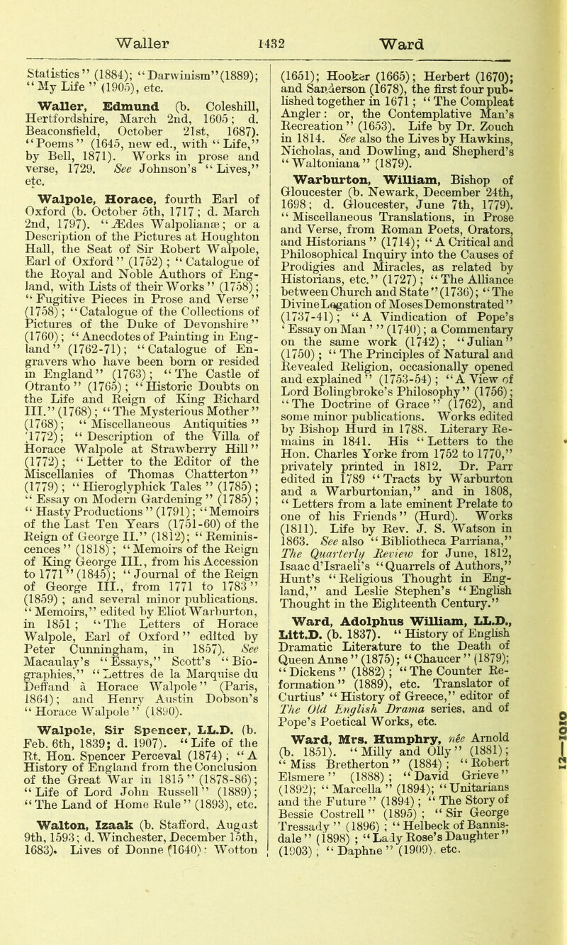 Statistics” (1884); “Darwinism”(1889); “My Life ” (1905), etc. Waller, Edmund (b. Coleshill, Hertfordshire, March 2nd, 1605; d. Beaconsfield, October 21st, 1687). “Poems” (1645, new ed., with “ Life,” by Bell, 1871). Works in prose and verse, 1729. See Johnson’s “Lives,” etc. Walpole, Horaee, fourth Earl of Oxford (b. October 5th, 1717 ; d. March 2nd, 1797). “H5des Walpolianae; or a Description of the Pictures at Houghton Hall, the Seat of Sir Eobert Walpole, Earl of Oxford ” (1752); “ Catalogue of the Eoyal and Noble Authors of Eng- land, with Lists of their Works ” (1758); “Fugitive Pieces in Prose and Verse” (1758); “Catalogue of the Collections of Pictures of the Duke of Devonshire” (1760); “Anecdotes of Painting in Eng- land” (1762-71); “Catalogue of En- gravers who have been born or resided in England” (1763); “The Castle of Otranto” (1765); “Historic Doubts on the Life and Eeign of King Eichard III.” (1768); “ The Mysterious Mother ” (1768); “Miscellaneous Antiquities” T772); “Description of the Villa of Horace Walpole at Strawberry Hill” (1772); “ Letter to the Editor of the Miscellanies of Thomas Chatterton” (1779); “ Hieroglyphick Tales ” (1785); “ Essay on Modern Gardening ” (1785); “ Hasty Productions ” (1791); “Memoirs of the Last Ten Years (1751-60) of the Eeign of George II.” (1812); “ Eeminis- cences ” (1818); “Memoirs of the Eeign of King George III., from his Accession to 1771 ” (1845); “ Journal of the Eeign of George III., from 1771 to 1783 ” (1859) ; and several minor publications. “ Memoirs,” edited by Eliot Warburton, in 1851; “The Letters of Horace Walpole, Earl of Oxford ” edited by Peter (IJunningham, in 1857). See Macaulay’s “Essays,” Scott’s “Bio- graphies,” “Lettres de la Marquise du Deffand a Horace Walpole” (Paris, 1864); and Henry Austin Dobson’s “ Horace Walpole” (1890). Walpole, Sir Spencer, LL.D. (b. Feb. 6th, 1839; d. 1907). “Life of the Et. Hon. Spencer Perceval (1874); “ A History of England from the Conclusion of the Great War in 1815” (1878-86); “Life of Lord John Eussell” (1889); “ The Land of Home Eule ” (1893), etc. Walton, Izaak (b. Stafford, Augast 9th, 1593; d. Winchester, December 15th, 1683). Lives of Donne (1640): Wotton (1651); Hooker (1665); Herbert (1670); and Sanderson (1678), the first four pub- lished together in 1671; “ The Compleat Angler: or, the Contemplative Man’s Eecreation” (1653). Life by Dr. Zouch in 1814. See also the Lives by Hawkins, Nicholas, and Dowling, and Shepherd’s “Waltoniana” (1879). Warburton, William, Bishop of Gloucester (b. Newark, December 24th, 1698; d. Gloucester, June 7th, 1779). “ Miscellaneous Translations, in Prose and Verse, from Eoman Poets, Orators, and Historians ” (1714); “A Critical and Philosophical Inquiry into the Causes of Prodigies and Miracles, as related by Historians, etc.” (1727); “The Alliance between Church and State ”(1736); “The Divine Legation of Moses Demonstrated” (1737-41); “A Vindication of Pope’s ‘ Essay on Man ’ ” (_1740); a Commentary on the same work (1742); “Julian” (1750); “ The Principles of Natural and Eevealed Eeligion, occasionally opened and explained ” (1753-54); “A View of Lord Bolingbroke’s Philosophy” (1756); “The Doctrine of Grace” (1762\ and some minor publications. Works edited by Bishop Hurd in 1788. Literary Ee- mains in 1841. His “ Letters to the Hon. Charles Yorke from 1752 to 1770,” privately printed in 1812. Dr. Parr edited in 1789 “Tracts by Warburton and a Warburtonian,” and in 1808, “ Letters from a late eminent Prelate to one of his Friends” (Hurd). Works (1811). Life by Eev. J. S. Watson in 1863. See aiiso “ Bibliotheca Parriana,” The Quarterly Review for June, 1812, Isaacd’Israeli’s “Quarrels of Authors,” Hunt’s “Eeligious Thought in Eng- land,” and Leslie Stephen’s “English Thought in the Eighteenth Century.” Ward, Adolphus William, LL.D., Litt.D. (b. 1837). “ History of English Dramatic Literature to the Death of Queen Anne ” (1875); “Chaucer ” (1879); “Dickens” (1882); “The Counter Ee- formation ” (1889), etc. Translator of Curtius’ “ History of Greece,” editor of The Old English Drama series, and of Pope’s Poetical Works, etc. Ward, Mrs. Humphry, nU Arnold (b. 1851). “ Milly and Oily” (1881); “Miss Bretherton ” (1884); “Eobert Elsmere” (1888); “David Grieve” (1892); “Marcella” (1894); “Unitarians and the Future ” (1894); “ The Story of Bessie Costrell ” (1895) ; “ Sir George Tressady” (1896) ; “ Helbeck of Bannis- dale” (i898) ; “Lady Eose’sDaughter (1903) ; “ Daphne ” (1909). etc.