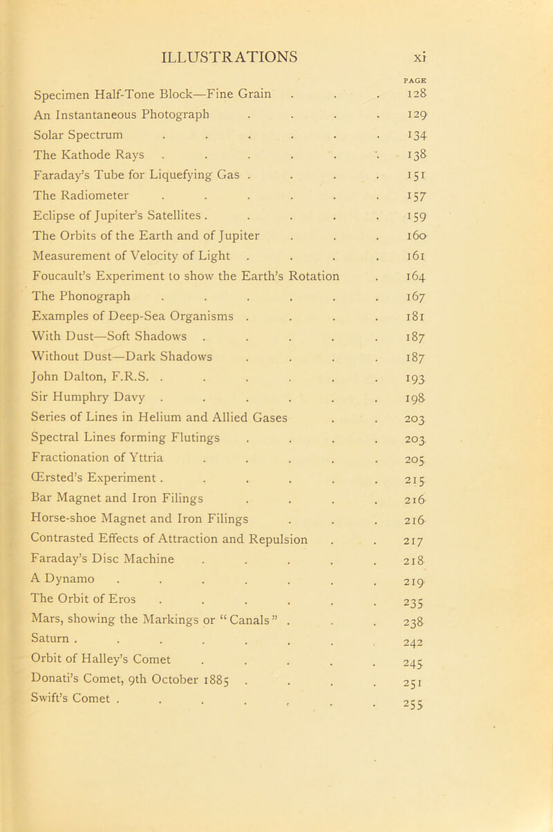 PAGE Specimen Half-Tone Block—Fine Grain 128 An Instantaneous Photograph 129 Solar Spectrum .... I34 The Kathode Rays .... •• I3S Faraday’s Tube for Liquefying Gas . 151 The Radiometer .... 157 Eclipse of Jupiter’s Satellites . 159 The Orbits of the Earth and of Jupiter 160 Measurement of Velocity of Light I6I Foucault’s Experiment to show the Earth’s Rotation 164 The Phonograph .... 167 Examples of Deep-Sea Organisms . I8I With Dust—Soft Shadows . 187 Without Dust—Dark Shadows 187 John Dalton, F.R.S. .... 193 Sir Humphry Davy .... 198 Series of Lines in Helium and Allied Gases 203 Spectral Lines forming Flutings 203. Fractionation of Yttria 205 CErsted’s Experiment.... 215 Bar Magnet and Iron Filings . 2 16 Horse-shoe Magnet and Iron Filings 216 Contrasted Effects of Attraction and Repulsion 217 Faraday’s Disc Machine 218 A Dynamo ..... 219' The Orbit of Eros .... 235 Mars, showing the Markings or “ Canals ” . 238 Saturn ...... 242 Orbit of Halley’s Comet 245, Donati’s Comet, 9th October 1885 . 251 Swift’s Comet ..... . 255