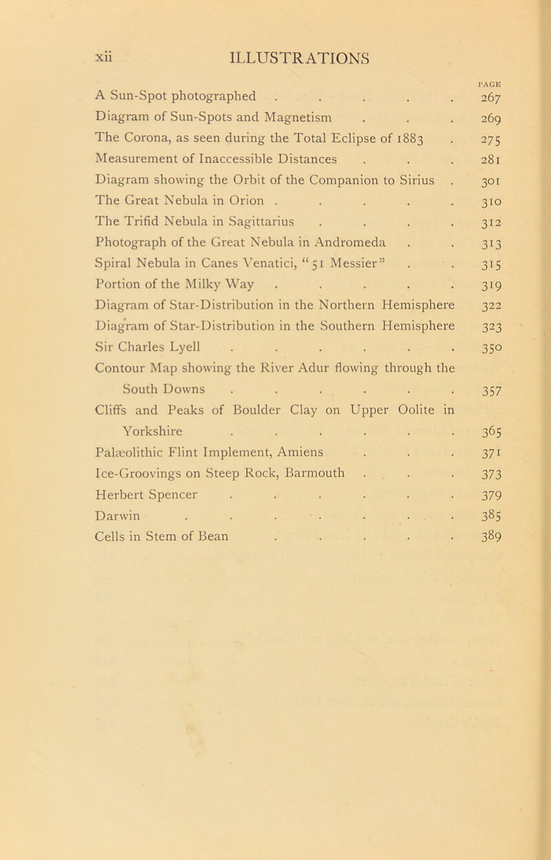 PAGE A Sun-Spot photographed ..... 267 Diagram of Sun-Spots and Magnetism . . . 269 The Corona, as seen during the Total Eclipse of 1883 . 275 Measurement of Inaccessible Distances . . . 281 Diagram showing the Orbit of the Companion to Sirius . 301 The Great Nebula in Orion . . . . .310 The Trifid Nebula in Sagittarius .... 312 Photograph of the Great Nebula in Andromeda . . 313 Spiral Nebula in Canes Venatici, “ 51 Messier” . . 315 Portion of the Milky Way . . . . • 319 Diagram of Star-Distribution in the Northern Hemisphere 322 Diagram of Star-Distribution in the Southern Hemisphere 323 Sir Charles Lyell ...... 350 Contour Map showing the River Adur flowing through the South Downs ...... 357 Cliflfs and Peaks of Boulder Clay on Upper Oolite in Yorkshire ...... 365 Pakeolithic Flint Implement, Amiens . . -371 Ice-Groovings on Steep Rock, Barmouth ... . 373 Herbert Spencer ...... 379 Darwin . . . . . . . 385 Cells in Stem of Bean ..... 389