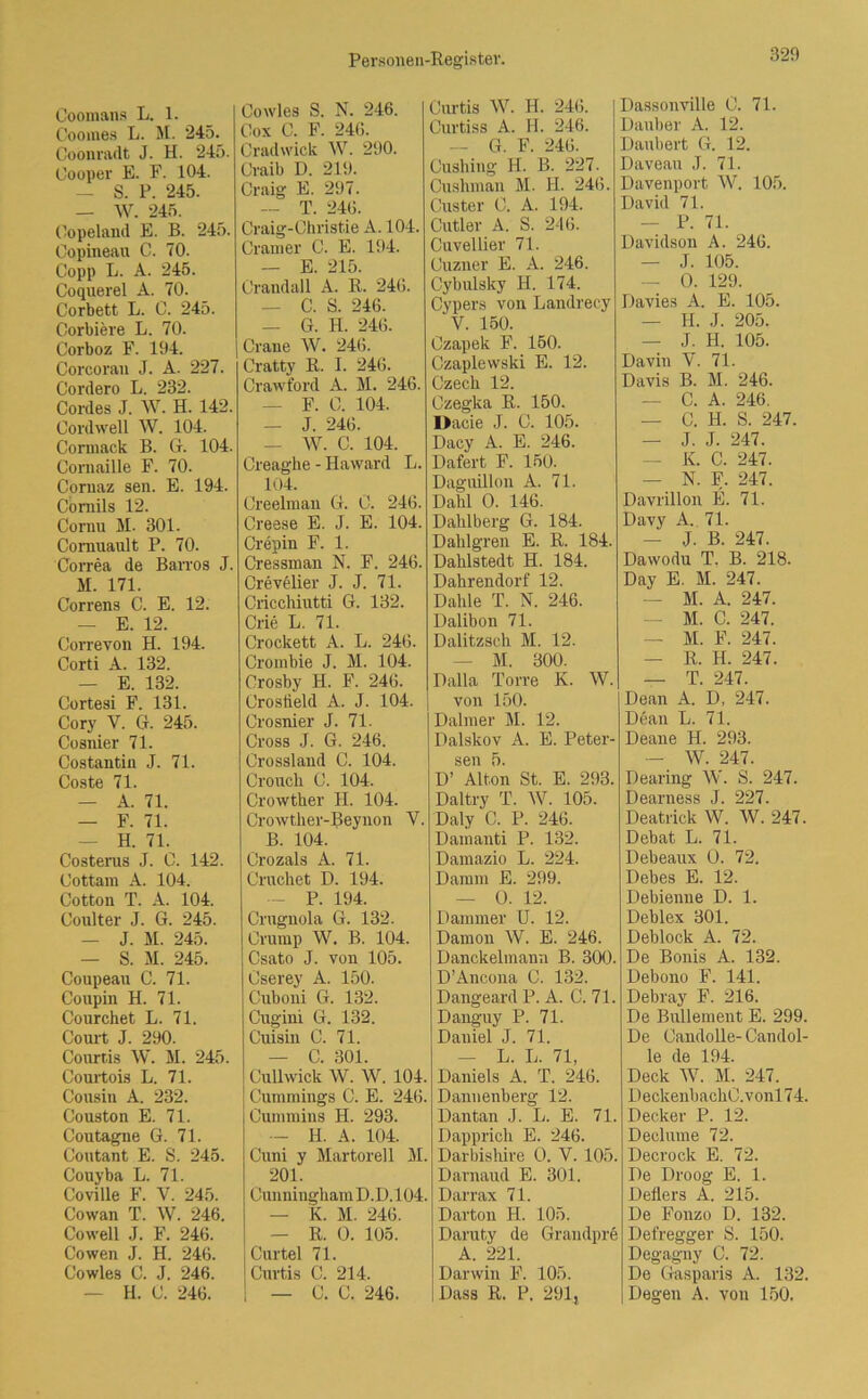 Coomans L. 1. Coomes L. M. 245. Coonradt J. H. 245. Cooper E. F. 104. - S. P. 245. — W. 245. Copeland E. B. 245. Copineau C. 70. Gopp L. A. 245. Coquerel A. 70. Corbett L. C. 245. Gorbiere L. 70. Corboz F. 194. Corcoran J. A. 227. Cordero L. 232. Cordes J. W. H. 142. Cordwell W. 104. Coruiack B. G. 104. Cornaille F. 70. Cornaz sen. E. 194. Comils 12. Cornu M. 301. Corauault P. 70. Correa de Barros J. M. 171. Correns C. E. 12. — E. 12. Correvon H. 194. Corti A. 132. — E. 132. Cortesi F. 131. Cory V. G. 245. Cosnier 71. Costantiu J. 71. Coste 71. — A. 71. — F. 71. — H. 71. Costerus J. C. 142. Cottam A. 104. Cotton T. A. 104. Coulter J. G. 245. — J. M. 245. — S. M. 245. Coupeau C. 71. Coupin H. 71. Courchet L. 71. Court J. 290. Courr.is W. M. 245. Courtois L. 71. Cousin A. 232. Couston E. 71. Coutagne G. 71. Coutant E. S. 245. Couyba L. 71. Coville F. V. 245. Cowan T. W. 246. Cowell J. F. 24(5. Cowen J. H. 246. Cowles C. J. 246. H. C. 246. Cowles S. N. 246. Cox C. F. 246. Cradwick W. 290. Craib D. 219. Craig E. 297. — T. 246. Craig-Christie A. 104. Gramer C. E. 194. — E. 215. Crandall A. R. 246. — C. S. 246. — G. H. 246. Crane W. 246. Cratty R. I. 246. Crawford A. M. 246. — F. C. 104. — J. 246. — W. C. 104. Creaghe - Haward L. 104. Creelmau G. C. 246. Greese E. J. E. 104. Crepin F. 1. Cressman N. F. 246. Crevelier J. J. 71. Cricchiutti G. 132. Crie L. 71. Crockett A. L. 246. Crombie J. M. 104. Crosby H. F. 246. Crostield A. J. 104. Crosnier J. 71. Cross J. G. 246. Crossland C. 104. Crouck C. 104. Crowther II. 104. Crowtker-Beynon Y. B. 104. Crozals A. 71. Cruchet D. 194. P. 194. Crugnola G. 132. Ürump W. B. 104. Csato J. von 105. Cserey A. 150. Cuboni G. 132. Cugini G. 132. Cuisin C. 71. — C. 301. Cullwick W. W. 104. Cummings C. E. 246. Cummins H. 293. — H. A. 104. Cuni y Martorell M. 201. Cunningliam D.D. 104. — K. M. 246. — R. 0. 105. Curtel 71. Curtis C. 214. — C. C. 246. Curtis W. II. 246. Curtiss A. H. 246. — G. F. 246. Cushing H. B. 227. Cushman M. II. 246. Güster C. A. 194. Cutler A. S. 246. Cuvellier 71. Cuzner E. A. 246. Cybulsky H. 174. Cypers von Landrecy V. 150. Czapek F. 150. Czaplewski E. 12. Czecli 12. Czegka R. 150. Dacie J. C. 105. Dacy A. E. 246. Dafert F. 150. Daguillon A. 71. Dabl 0. 146. Daklberg G. 184. Daklgren E. R. 184. Dalilstedt H. 184. Dahrendorf 12. Dahle T. N. 246. Dalibon 71. Dalitzsch M. 12. M. 300. Dalla Torre K. W. von 150. Dalmer M. 12. Dalskov A. E. Peter- sen 5. D’ Alton St. E. 293. Daltry T. W. 105. Daly C. P. 246. Damanti P. 132. Damazio L. 224. Damm E. 299. — 0. 12. Dämmer U. 12. Dämon W. E. 246. Danckelmann B. 300. D’Ancona C. 132. Dangeard P. A. C. 71. Banguy P. 71. Daniel J. 71. — L. L. 71, Daniels A. T. 246. Dannenberg 12. Dantan J. L. E. 71. Dapprich E. 246. Darbishire 0. V. 105. Darnaud E. 301. Darrax 71. Darton H. 105. Daruty de Grandpre A. 221. Darwin F. 105. Dass R. P. 291, Dassonville C. 71. Dauber A. 12. Daubert G. 12. Daveau J. 71. Davenport W. 105. David 71. — P. 71. Davidson A. 246. — J. 105. — 0. 129. Davies A. E. 105. — H. J. 205. — J. H. 105. Davin V. 71. Davis B. M. 246. — C. A. 246. — C. H. S. 247. — J. J. 247. — K. C. 247. — N. F. 247. Davrillon E. 71. Davy A. 71. — J. B. 247. Dawodu T. B. 218. Day E. M. 247. — M. A. 247. - M. C. 247. — M. F. 247. — R. H. 247. — T. 247. Dean A. D, 247. Dean L. 71. Deane H. 293. — W. 247. Hearing W. S. 247. Dearness J. 227. Deatrick W. W. 247. Debat L. 71. Debeaux 0. 72. Debes E. 12. Debienue D. 1. Deblex 301. Deblock A. 72. De Bonis A. 132. Debono F. 141. Debray F. 216. De Bnllement E. 299. De Candolle-Candol- le de 194. Deck W. M. 247. DeckenbachC.vonl74. Decker P. 12. Declume 72. Decrock E. 72. De Droog E. 1. Deflers A. 215. De Fonzo D. 132. Defregger S. 150. Degagny C. 72. De Gasparis A. 132. Degen A. von 150.