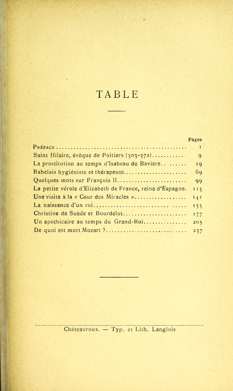 TABLE Pages Préface i Saint Hilaire, évêque de Poitiers (303-372) 9 La prostitution au temps d’Isabeau de Bavière 29 Rabelais hygiéniste et thérapeute 69 Quelques mots sur François II 99 La petite vérole d’Elizabeth de France, reine d’Espagne. 11 5 Une visite à la « Cour des Miracles » 141 La naissance d’un roi 155 Christine de Suède et Bourdelot 177 Un apothicaire au temps du Grand-Roi 205 De quoi est mort Mozart ? 237 Châteauroux. — Typ. et Lith. Langlois