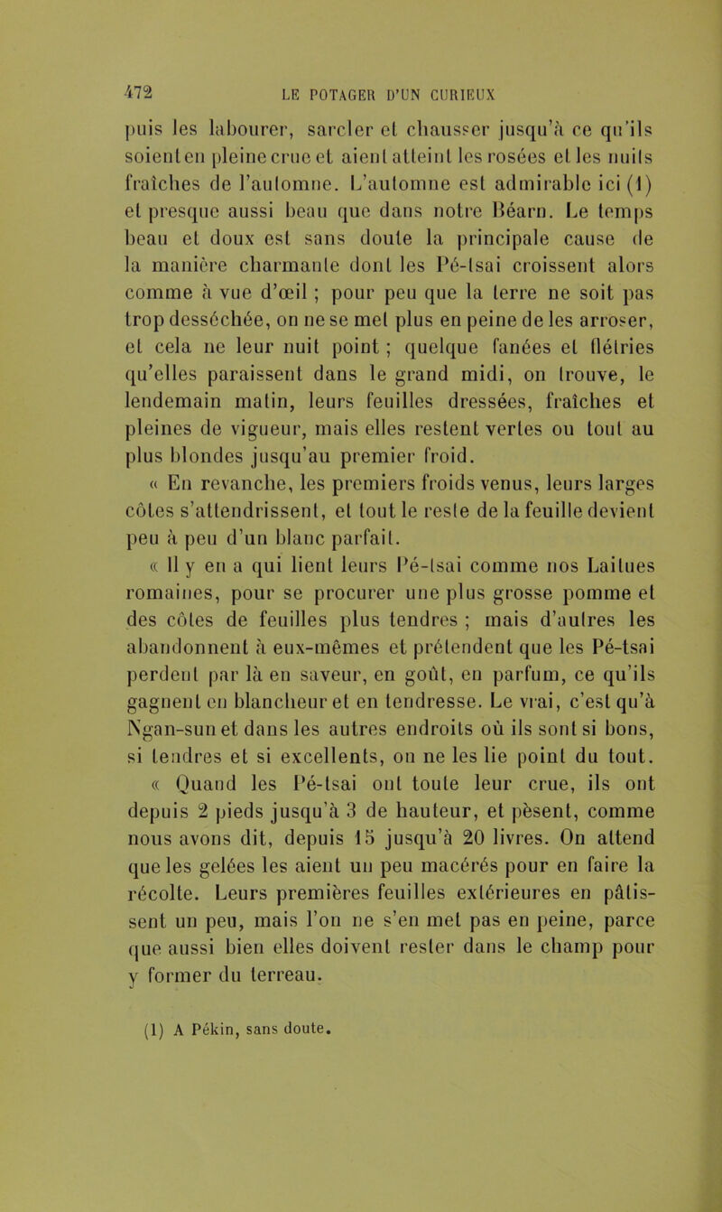 puis les labourer, sarcler el chausser jusqu’à ce qu’ils soienten pleine crue et aient atleinl les rosées elles nuits fraîches de l’aulomne. L’automne est admirable ici (1 ) et presque aussi beau que dans notre Béarn. Le temps beau et doux est sans doute la principale cause de la manière charmante dont les Pé-lsai croissent alors comme à vue d’œil ; pour peu que la terre ne soit pas trop desséchée, on ne se met plus en peine de les arroser, et cela ne leur nuit point ; quelque fanées el flétries qu’elles paraissent dans le grand midi, on trouve, le lendemain matin, leurs feuilles dressées, fraîches et pleines de vigueur, mais elles restent vertes ou tout au plus blondes jusqu’au premier froid. « En revanche, les premiers froids venus, leurs larges côtes s’attendrissent, et tout le reste de la feuille devient peu à peu d’un blanc parfait. « 11 y en a qui lient leurs Pé-lsai comme nos Laitues romaines, pour se procurer une plus grosse pomme et des côtes de feuilles plus tendres ; mais d’autres les abandonnent à eux-mêmes et prétendent que les Pé-tsai perdent par là en saveur, en goût, en parfum, ce qu’ils gagnent en blancheur et en tendresse. Le vrai, c’est qu’à JNgan-sunet dans les autres endroits où ils sont si bons, si tendres et si excellents, on ne les lie point du tout. « Quand les Pé-tsai ont toute leur crue, ils ont depuis 2 pieds jusqu’à 3 de hauteur, et pèsent, comme nous avons dit, depuis 15 jusqu’à 20 livres. On attend que les gelées les aient un peu macérés pour en faire la récolte. Leurs premières feuilles extérieures en pâlis- sent un peu, mais l’on ne s’en met pas en peine, parce que aussi bien elles doivent rester dans le champ pour y former du terreau. (1) A Pékin, sans doute.