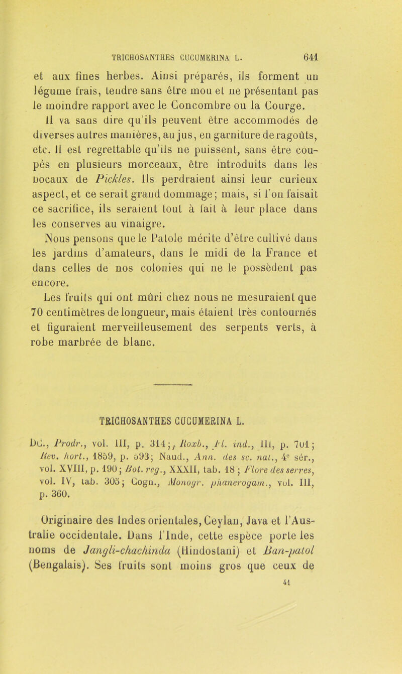 et aux fines herbes. Ainsi préparés, iis forment un Jégume frais, tendre sans être mou et ne présentant pas le moindre rapport avec le Concombre ou la Courge. Il va sans dire qu ils peuvent être accommodés de diverses autres manières, au jus, en garniture de ragoûts, etc. Il est regrettable qu’ils ne puissent, sans être cou- pés en plusieurs morceaux, être introduits dans les bocaux de Pickles. Ils perdraient ainsi leur curieux aspect, et ce serait grand dommage; mais, si l’on faisait ce sacrifice, ils seraient tout à fait à leur place dans les conserves au vinaigre. Nous pensons que le Pafole mérite d’être cultivé dans les jardins d’amateurs, dans le midi de la France et dans celles de nos colonies qui 11e le possèdent pas encore. Les fruits qui ont mûri chez nous 11e mesuraient que 70 centimètres de longueur, mais étaient très contournés et figuraient merveilleusement des serpents verts, à robe marbrée de blanc. TBICHOSANTHES CÜCUMERINA L. Ld., Prodr., vol. 111, p. 314 lioxb., II. ind., lit, p. 7ul; liev. hort., 1859, p. 593; Naucl., Ann. des sc. nat., 4e sér., vol. XVI11, p. 190; Pot. reg.} XXXII, tab. 18 ; Flore desserres, vol. IV, lab. 305; Cogu., Monoyr. phanerogarn., vol. III, p. 360, Originaire des Indes orientales, Ceylan, Java et l’Aus- tralie occidentale. Dans l’Inde, cette espèce porte les noms de Jangli-c/iachinda (tiindoslaiii) et JJaa-patol (Bengalais). Ses fruits sont moins gros que ceux de 41