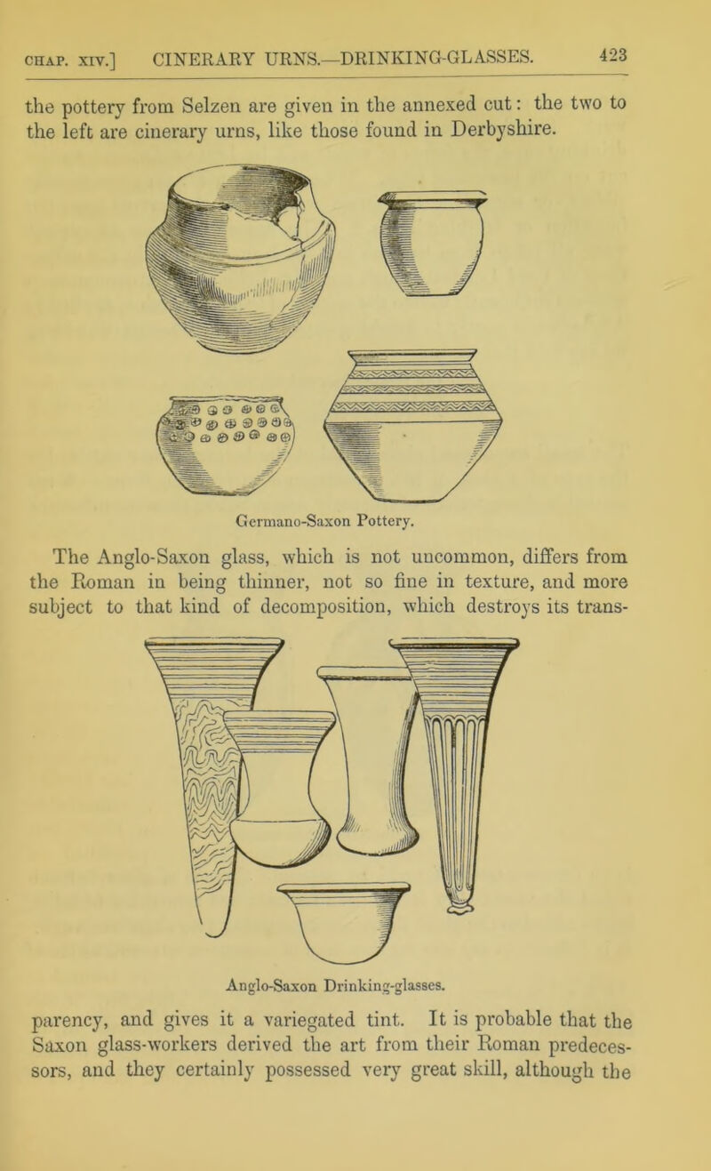 CHAP. XIV.] CINERARY URNS.—DRINKING-GLASSES. the pottery from Selzen are given in the annexed cut: the two to the left are cinerary urns, like those found in Derbyshire. The Anglo-Saxon glass, which is not uncommon, differs from the Roman in being thinner, not so fine in texture, and more subject to that kind of decomposition, which destroys its trans- parency, and gives it a variegated tint. It is probable that the Saxon glass-workers derived the art from their Roman predeces- sors, and they certainly possessed very great skill, although the