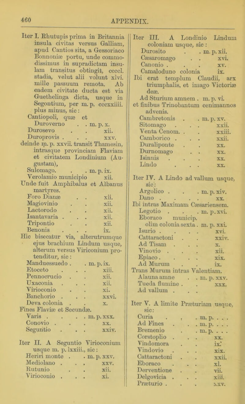 Itei’ I. Ehutupis prima in Britannia insula civitas versus Galliam, apud Cautios sita, a Gessoriaco Bonnonia) portu, unde comino- dissimus in supradictam insu- 1am transitus obtiiigit, ccccl. stadia, velut alii volunt xlvi. mille passuum remota. Ab cadein civitate dueta est via Guetlielinga dicta, usque in Segontium, per m. p. cccxxiiii. plus minus, sic: Cantiopoli, quaj et Duroverno . . m. p. x. Durosevo . , xii. Duroprovis . . . xxv. deiude m. p. xxvii. transit Thamesin, intrasque proviuciam Flaviam et civitatem Londiuium (Au- gu.stam). Sulomago. m. p. ix. Verolamio municipio xii. Unde fuit Amphibalus et Albanus martyres. Foro Diauai xii. Magiovinio xii. Lactorodo xii. Isantavaria . . . xii. Tripoutio xii. Beuonis . . . ix. Hic bisecatur via, alterutrumque ejus brachium Lindurn usque, alterum versus Viricouium pro- tenditur, sic: Manduessuedo . . m. j). ix. Etoceto . . . xiii. Pennocrucio . . xii. Uxacouia . . . xii. Virioconio . . xi. Bunchorio . . . xxvi. Deva colon i a . . x. Fines Flavisc et Sccundaj. Vaias . . . . m. p. XXX. Conovio . . . XX. Seguntio . . . xxiv. Iter II. A Seguntio Virioconium usque m. p. Ixxiii., sic: Hcriri monte . . m. p. xxv. Mediolano . . . xxv. Rutunio . . xii. Virioconio . . . xi. Iter III. A Londinio Lindurn coloniam usque, sic : Durosito . m. p. xii. Caesaromago . . xvi. Canonic . XV. Camaloduno colonia ix. Ibi crat templum Claudii, arx triumphalis, et imago Victorias deaj. Ad Sturium amnera . m. p. vi. et finibus Triuobantum cenimaunos advenis. Cambretonis . m. ji. XV. Sitomago xxii. Venta Cenom. . . xxiii Camborico . . xxii. Duralipoute XX. Durnomago XX. Isiniiis . XX. Lindo XX. Iter IV. A Lindo ad vallum usque, sic: Argolico . . . m. p. xiv. Dauo .... XX. Ibi intras Maximam Cassariensem. Legotio . . . m. p.xvi. Eboraco muuicip. olim colouLa sexta. m. p. xxL Isurio . . . . xvi. Cattaractoni . . xxiv. Ad Tisiim ... x. Viuovio . . . xii. Epiaco. . . . xix. Ad Murum . . ix. Trans Murum intras S^alentiam. A lamia amno . . m. p. xxv. Tueda fiumine . . xw Ad vallum . . . Iter V. A limite Pneturiam usque, sic: Curia . , . m. p. . . Ad Fines . m. p. . . Bremenio . m. p. . . Corstoplio . XX. Vindomora ix.* Vindovio . xix. Cattaractoni . xxii Eboraco . xl. Derventione vii. Delgovicia . . xiii. Prseturio . xxv.