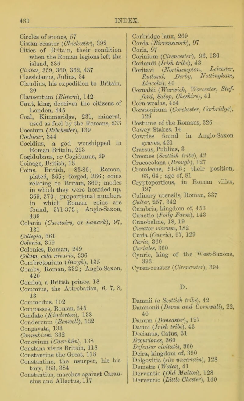 Circles of stones, 57 Cissan-ceaster (Chichester), 392 Cities of Britain, their condition when the Roman legions left the island, 386 Civitas, 359, 360, 362, 437 Classicianus, Julius, 34 Claudius, his expedition to Britain, 20 Clausentum (Bittern), 142 Cnut, king, deceives the citizens of London, 445 Coal, Kimmeridge, 231, mineral, used as fuel by the Romans, 233 Coccium (Ribchester), 139 Cochlear, 344 Cocidius, a god worshipped in Roman Britain, 293 Cogidubnus, or Cogiduuus, 29 Coinage, British, 18 Coins, British, 83-86; Roman, plated, 365; forged, 366; coins relating to Britain, 369; modes in which they were hoarded up, 369, 370 ; proportional numbers in which Roman coins are found, 371-373 ; Anglo-Saxon, 430 Colania (Carstairs, or LanarJc), 97, 131 Collegia, 361 Colonice, 359 Colonies, Roman, 249 Colum, cola nivaria, 336 Combretonium (Burgh), 135 Combs, Roman, 332; Anglo-Saxon, 420 Comius, a British jn’ince, 18 Commius, the Attrebatian, 6, 7, 8, 13 Commodiis, 102 Compasses, Roman, 345 Condato (Kinderton), 138 Condercum (Benwell), 132 Congavata, 133 Connubium, 362 Conovium (Caer-lniii), 138 Constans visits Britain, 118 Constantine the Great, 118 Constantine, the usurper, his his- tory, 383, 384 Constautius, marches against Carau- sius and Allectus, 117 Corbridge laux, 269 Corda (Birrenswork), 97 Coria, 97 Corinium (Cirencester), 96, 136 Coriondi (Irish tribe), 43 Coritavi (Northavqdon, Leicester, Rutland, Derby, Nottingham, Lincoln), 40 Coi’nabii (Warwick, Worcesta', Staf- ford, Salop, Cheshire), 41 Corn-wealas, 454 Corstopitum (Corchester, Corbridge), 129 Costume of the Romans, 326 Cowey Stakes, 14 Cowries found in Anglo-Saxon graves, 421 Crassus, I’ublius, 3 Ci’eones (Scottish tribe), 42 Crococolaua (Brough), 127 Cromlechs, 51-56; tlieir position, 63, 64 ; age of, 81 Ci’yptoporticus, in Roman villas, 197 Culinary utensils, Roman, 337 Culter, 257, 342 Cumbria, kingdom of, 453 Cunetio (Folly Farm), 143 Cunobeline, 18, 19 Curator riarum, 182 Curia (Currie), 97, 129 Curia, 360 Curiales, 360 Cynric, king of the West-Sivxons, 393 Cyren-ceaster (Cirencester), 394 D. Damnii (a Scottish tribe), 42 Damnouii {Z)ero?i and Cornwall), 22, 40 Danum (Doncaster), 127 Darini (Jj'ish tribe), 43 Decianus, Catus, 31 Decuriones, 360 Defensor civitatis, 360 Deira, kingdom of, 390 Delgovitia (site uncertain), 128 Demeta) (IBa^cs), 41 Derventio (Old Malton), 128 Dorveutio (Little Chester), 140