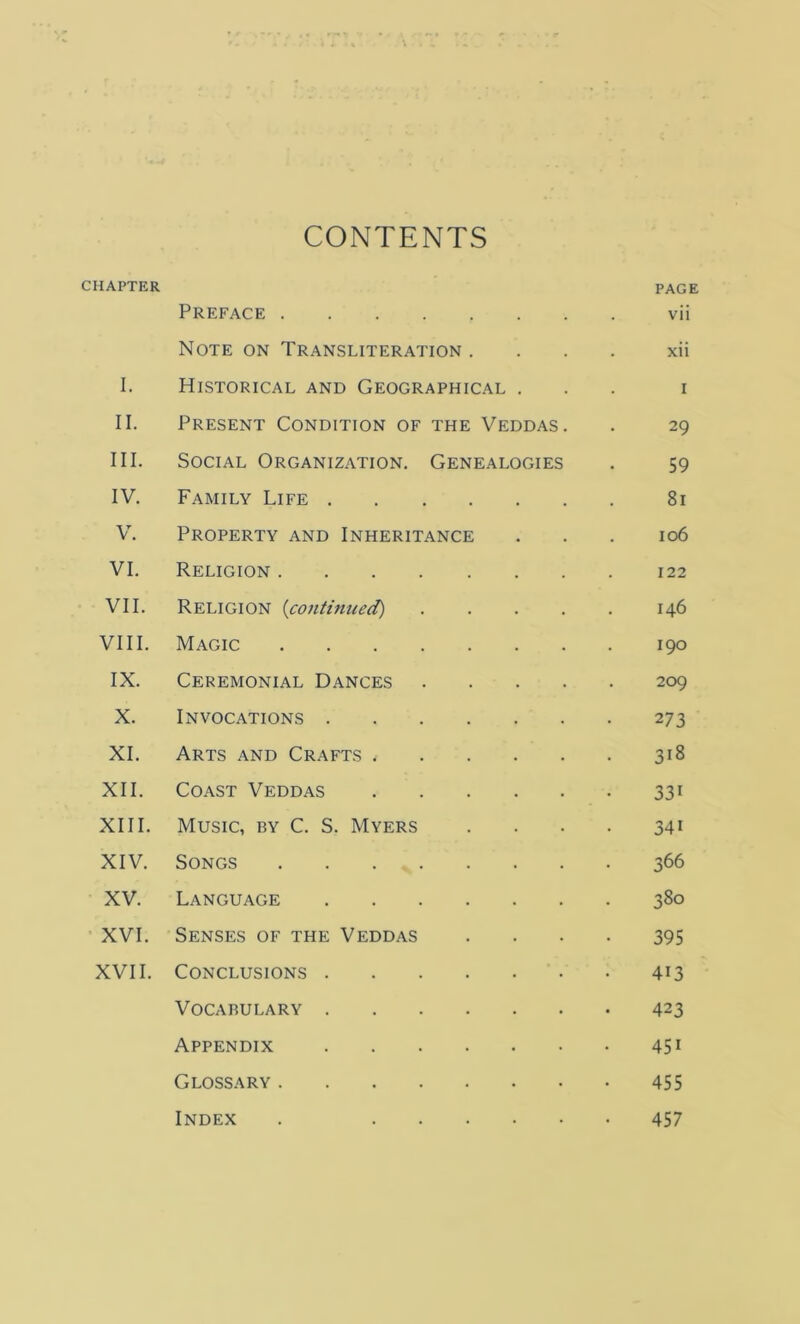 CONTENTS CHAPTER PAGE Preface vii Note on Transliteration .... xii I. Historical and Geographical ... i II. Present Condition of the Veddas. . 29 III. Social Organization. Genealogies . 59 IV. Family Life 81 V. Property and Inheritance ... 106 VI. Religion 122 VII. Religion (icontinued) 146 VIII. Magic 190 IX. Ceremonial Dances 209 X. Invocations 2 73 XI. Arts and Crafts 318 XII. Coast Veddas 331 XIII. Music, by C. S. Myers . . . . 341 XIV. Songs 366 XV. Language 380 XVI. Senses of the Veddas 395 XVII. Conclusions 413 VOCARULARY 423 Appendix 451 Glossary 455 Index . 457