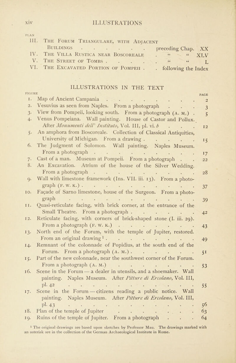 IM.AN III. The Forum Triaxguuare, with Adjacent Buildings ...... preceding Chap. XX IV. The Villa Rustic.\ near Boscoreale . “ XLV V. The Street of Tombs “ L \T. The Excavated Portion of Pompeii . . following the Index ILLUSTRATIONS IN THE TEXT FIGURE PAGE 1. Map of Ancient Campania ........ 2 2. Vesuvius as seen from Naples. From a photograph ... 3 3. View from Pompeii, looking south. From a photograph (a. m.) . 5 4. Venus Pompeiana. Wall painting. House of Castor and Pollux. MiQV Moniunenii deir /fistititto, \o\. \\\, yA. 1) ... 12 5. An amphora from Boscoreale. Collection of Classical Antiquities, University of Michigan. From a drawing . . . . -15 6. The Judgment of Solomon. Wall painting. Naples Museum. From a photograph . . . . . . . . • 17 7. Cast of a man. Museum at Pompeii. P'rom a photograph . . 22 8. An Excavation. Atrium of the house of the Silver Wedding. P'rom a photograph ......... 28 9. Wall with limestone framework (Ins. VII. iii. 13). P^rom a photo- graph (f. w. k.) 37 10. P’a(;ade of Sarno limestone, house of the Surgeon. From a photo- graph 39 11. Quasi-reticulate facing, with brick corner, at the entrance of the Small Theatre. From a photograph ...... 42 12. Reticulate facing, with corners of brick-shaped stone (I. iii. 29). PTom a photograph (f. w. k.) ....... 43 13. North end of the Forum, with the temple of Jupiter, restored. P'rom an original drawing ^ . . . . . . . -49 14. Remnant of the colonnade of Popidius, at the south end of the P'orum. From a photograph (a. m.) ...... 51 15. Part of the new colonnade, near the southwest corner of the Forum. From a photograph (a. m.) . . . . . . . 53 16. Scene in the PMrum—a dealer in utensils, and a shoemaker. Wall painting. Naples Museum. After Pitture di Ercola?io, Vol. HI, pi. 42 ........... 55 17. Scene in the Forum — citizens reading a public notice. Wall painting. Naples Museum, After Pitture di Ercolano, Vol. HI, pl- 43 56 18. Plan of the temple of Jupiter ....... 63 19. Ruins of the temple of Jupiter. From a photograph ... 64 ' The original drawings are based upon sketches by Professor Mau. The drawings marked with an asterisk are in the collection of the German Archaeological Institute in Rome.