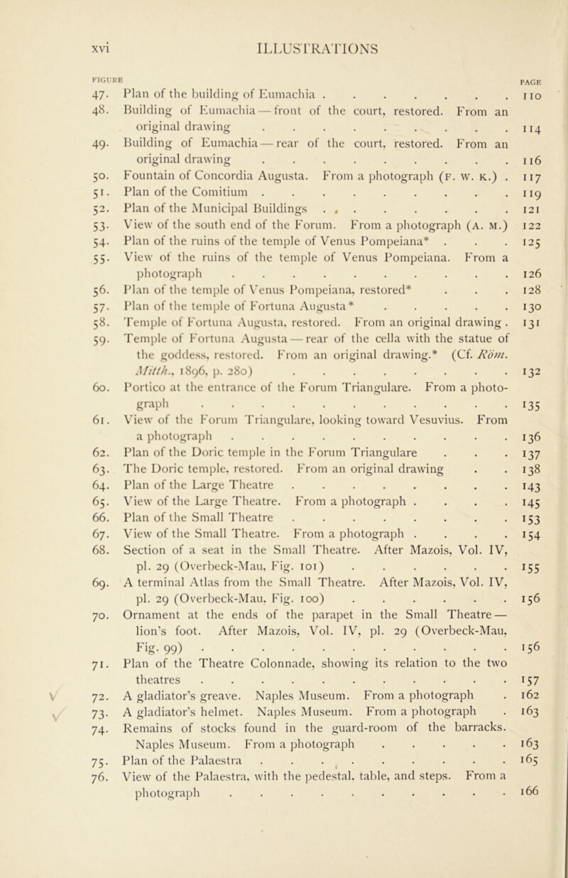 V V FIGURE 47. Plan of the building of Eiimachia ....... 48. Building of Kumachia — front of the court, restored. From an original drawing ......... 49. Building of Kumachia — rear of the court, restored. From an original drawing ......... 50. Fountain of Concordia Augu.sta. From a photograph (f. w. k.) . 51. Plan of the Comitium ......... 52. Plan of the Municipal Buildings . , . 53. View of the south end of the P'orum. From a photograph (a. m.) 54. Plan of the ruins of the temple of Venus Pompeiana* 55. V’^iew of the ruins of the temple of Venus Pompeiana. From a photograph .......... 56. Plan of the temple of X’enus Pompeiana, restored* 57. Plan of the temple of Fortuna Augusta * . . . . . 58. Temple of Fortuna Augusta, restored. From an original drawing . 59. Temple of Fortuna .Augusta — rear of the cella with the statue of the goddess, restored. From an original drawing.* (Cf. Rdt/i. Mitih., 1896, p. 280) ........ 60. Portico at the entrance of the Forum Triangulare. From a photo- graph ........... 61. View of the Forum Triangulare, looking toward Vesuvius. From a photograph .......... 62. Plan of the Doric temple in the h'orum Triangulare 63. The Doric temple, restored. From an original drawing 64. Plan of the Large Theatre ........ 65. View of the Large Theatre. From a photograph .... 66. Plan of the Small Theatre ........ 67. View of the Small Theatre. From a photograph .... 68. Section of a seat in the Small Theatre. After Mazois, Vol. IV, pi. 29 (Overbeck-.Mau, Fig. loi) 69. A terminal Atlas from the Small Theatre. After Mazois, Vol. IV, pi. 29 (Overbeck-Mau, Fig. 100) ...... 70. Ornament at the ends of the parapet in the Small Theatre — lion’s foot. After Mazois, Vol. IV, pi. 29 (Overbeck-Mau, Lig- 99) ■ ■ ■ 71. Plan of the Theatre Colonnade, showing its relation to the two theatres ........... 72. A gladiator’s greave. Naples Museum. From a photograph 73. A gladiator's helmet. Naples Museum. From a photograph 74. Remains of stocks found in the guard-room of the barracks. Naples Museum. From a photograph ..... 75. Plan of the Palaestra . . . ^ . 76. View of the Palaestra, with the pedestal, table, and steps. From a photograph .......... PAGE 110 114 116 117 119 121 122 125 126 128 130 131 132 135 136 137 138 143 145 153 154 155 156 156 157 162 163 163 165 166