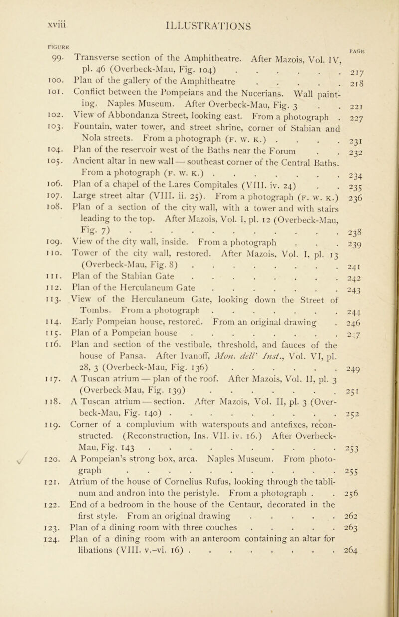 FIGURE 99. Transverse section of the Amphitheatre. After Mazois, Vol. IV, pi. 46 (Overbeck-Mau, Fig. 104) ...... 100. Plan of the gallery of the Amphitheatre 101. Conflict between the Pompeians and the Nucerians. Wall paint- ing. Naples Museum. After Overbeck-Mau, hhg. 3 102. View of Abbonclanza Street, looking east. PTom a photograph 103. Fountain, water tower, and street shrine, corner of Stabian and Nola streets. From a photograph (f. w. k.) . 104. Plan of the reservoir west of the Baths near the Forum 105. Ancient altar in new wall — southeast corner of the Central Baths. P'rom a photograph (f. W'. k.) 106. Plan of a chapel of the Lares Compitales (VIII. iv. 24) 107. Large street altar (VUI. ii. 25). From a photograph (f. av. k.) 108. Plan of a section of the city wall, with a tower and with stairs leading to the top. After Mazois, Vol. I, pi. 12 (Overbeck-Mau, Fig. 7) *..... 109. View of the city wall, inside. P'rom a photograph no. Tower of the city wall, restored. After Mazois, Vol. I, pi. 13 (Overbeck-Mau. P'ig. 8) . 111. Plan of the Stabian Gate ........ 112. Plan of the Herculaneum Gate ....... 113. View of the Herculaneum Gate, looking down the Street of Tombs. P'rom a photograph 114. Early Pompeian house, restored. From an original drawing 115. PlanofaPompeianhou.se 116. Plan and section of the ve.stibule, threshold, and fauces of the house of Pansa. After IvanolT, Mon. deir Inst., Vol. \T, pi. 28, 3 (Overbeck-Mau, P'ig. 136) ...... 117. A Tuscan atrium — plan of the roof. After Mazois, Vol. II, pi. 3 (Overbeck .Man, Fig. 139) 118. A Tuscan atrium — section. After Mazois, Vol. II, pi. 3 (Over- beck-Mau, Fig. 140) 119. Corner of a compluvium with waterspouts and antefixes. re’con- stmcted. (Reconstruction, Ins. VII. iv. 16.) After Overbeck- Mau, Fig. 143 120. A Pompeian’s strong box, area. Naples Museum. P'rom photo- graph ........... 121. Atrium of the house of Cornelius Rufus, looking through the tabli- num and andron into the peristyle. From a photograph . 122. End of a bedroom in the house of the Centaur, decorated in the first style. From an original drawing ..... 123. Plan of a dining room with three couches ..... 124. Plan of a dining room with an anteroom containing an altar for libations (VIH. v.-vi. 16) PAGE 217 218 221 227 231 232 234 235 236 238 239 241 242 243 244 246 2:7 249 251 252 255 256 262 263 264