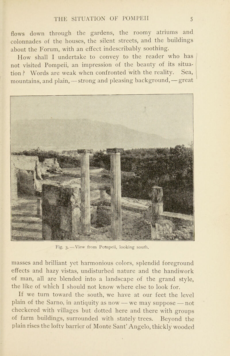 flows down through the gardens, the roomy atriums and colonnades of the houses, the silent streets, and the buildings about the P'orum, with an effect indescribably soothing. How shall I undertake to convey to the reader who has not visited Pompeii, an impression of the beauty of its situa- tion Words are weak when confronted with the reality. Sea, mountains, and plain,— strong and pleasing background, — great Fig. 3. — View from Pompeii, looking south. masses and brilliant yet harmonious colors, splendid foreground effects and hazy vistas, undisturbed nature and the handiwork of man, all are blended into a landscape of the grand style, the like of which I should not know where else to look for. If we turn toward the south, we have at our feet the level plain of the Sarno, in antiquity as now — we may suppose — not checkered with villages but dotted here and there with groups of farm buildings, surrounded with stately trees. Beyond the plain rises the loftv barrier of Monte Sant’ Angelo, thickly wooded